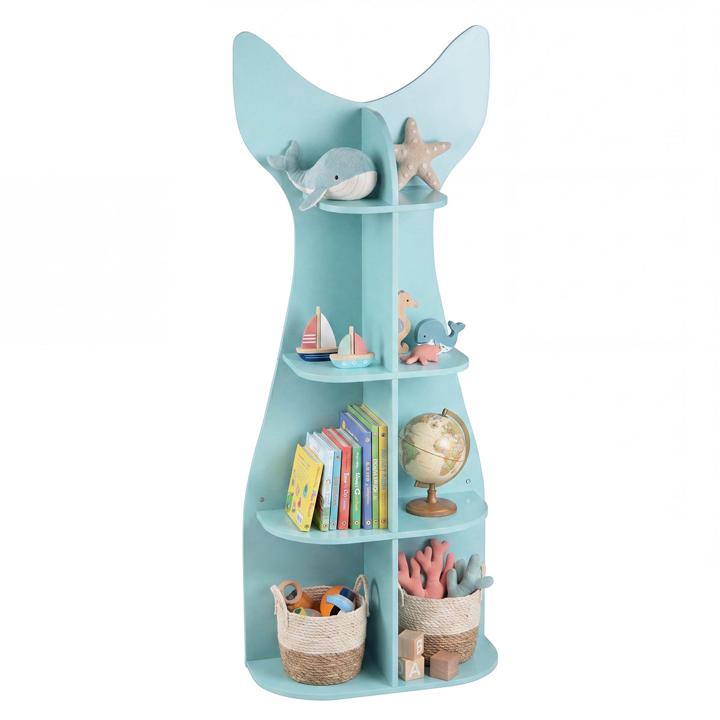 LIVSK Kinderboekenrek - 4 Niveaus - 8 Open Vakken - Kindveilig Ontwerp - Houten Constructie - Blauw