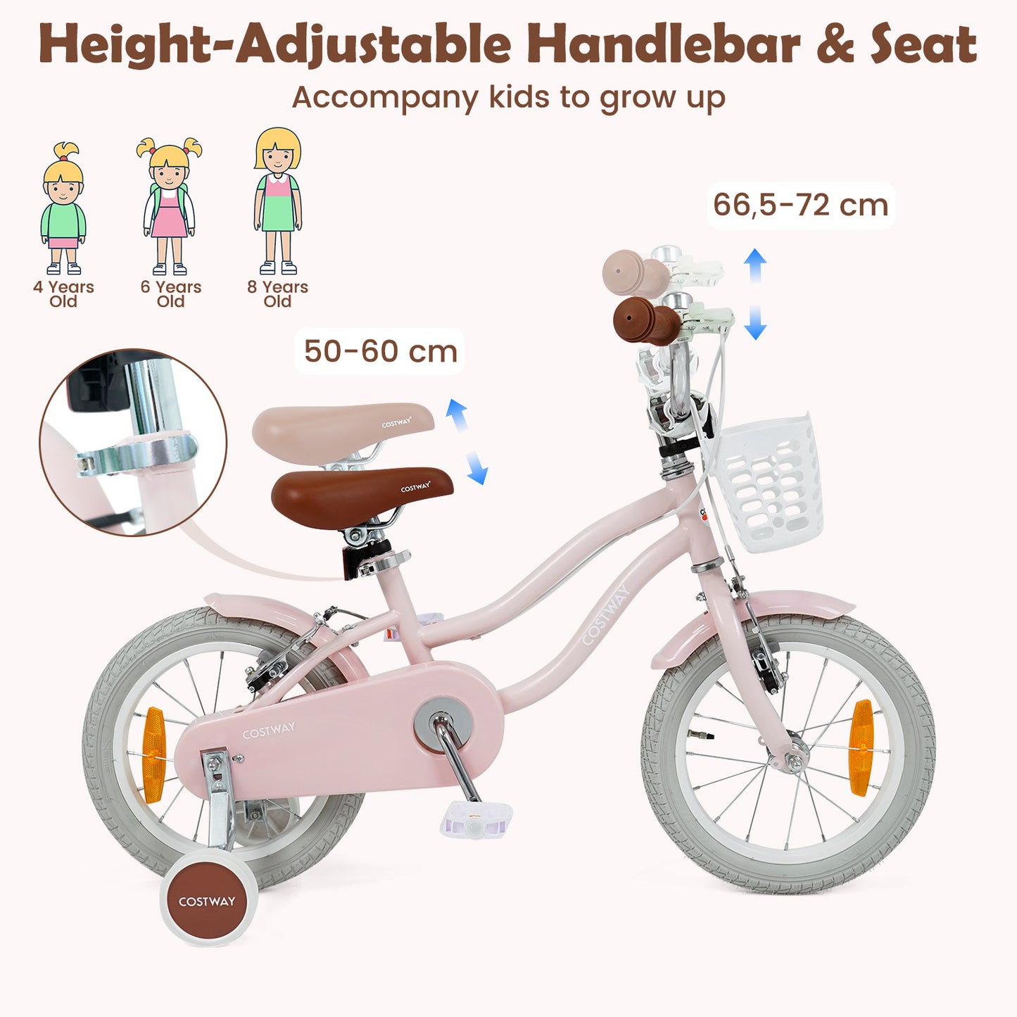 LIVSK Kinderfiets 14 inch - Handrem & V-remmen - Verstelbaar Stuur & Zadel - Met Mandje & Bel - Roze/Paarse