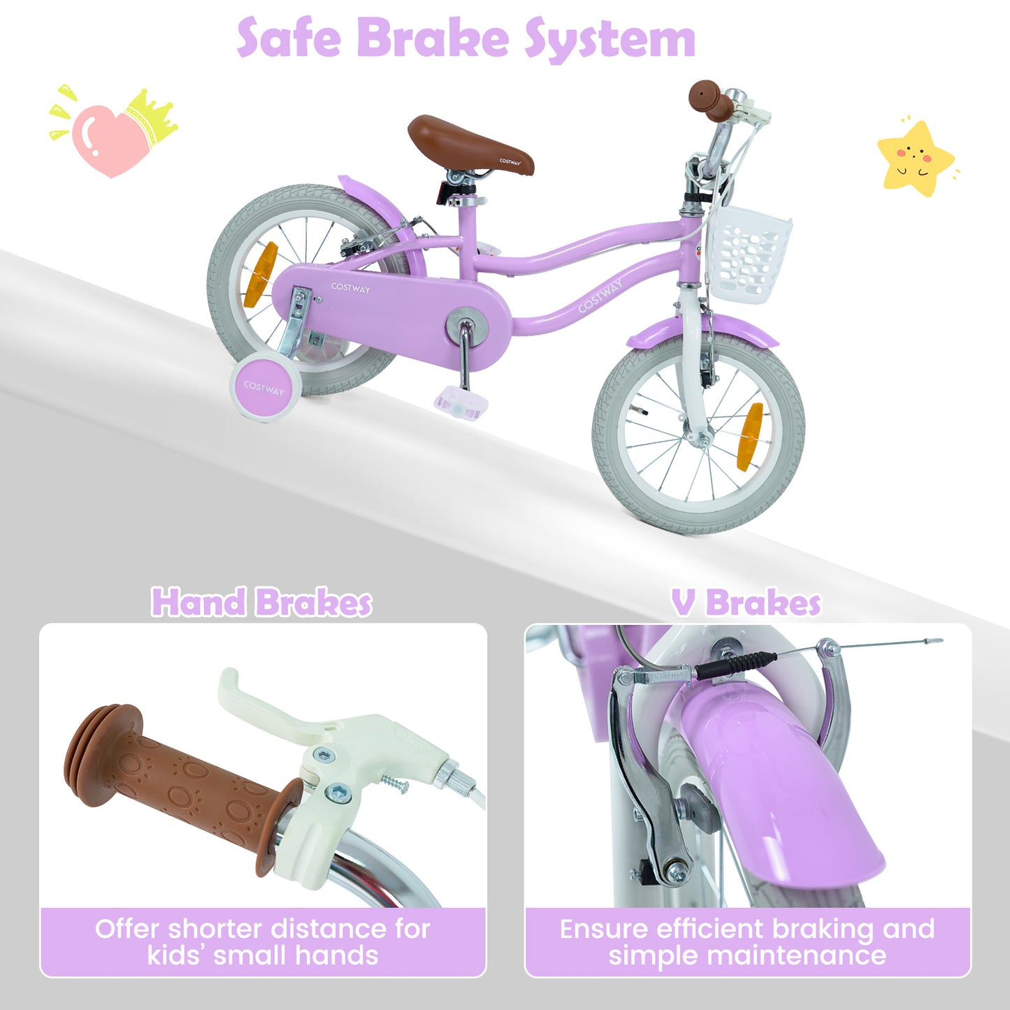 LIVSK Kinderfiets 14 inch - Veilig en Comfortabel - Verstelbaar Stuur en Zadel - Handremmen - Roze/Paarse