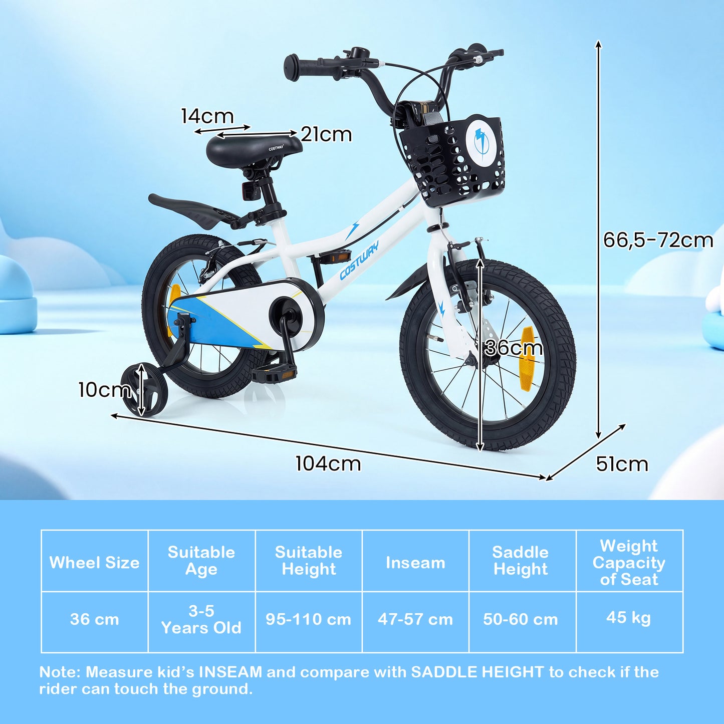 LIVSK Kinderfiets 14 inch - Verstelbaar Stuur en Zadel - Dubbel Remsysteem - Antislip Banden - Blauw/Wit