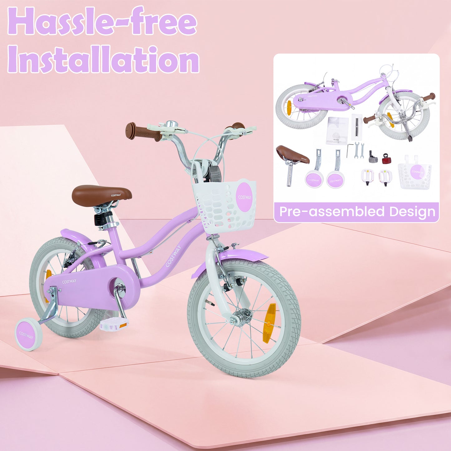 LIVSK Kinderfiets 14 inch - Verstelbaar Stuur - Robuust Metaal - Handrem & V-remmen - Inclusief Mandje - Roze/Paarse