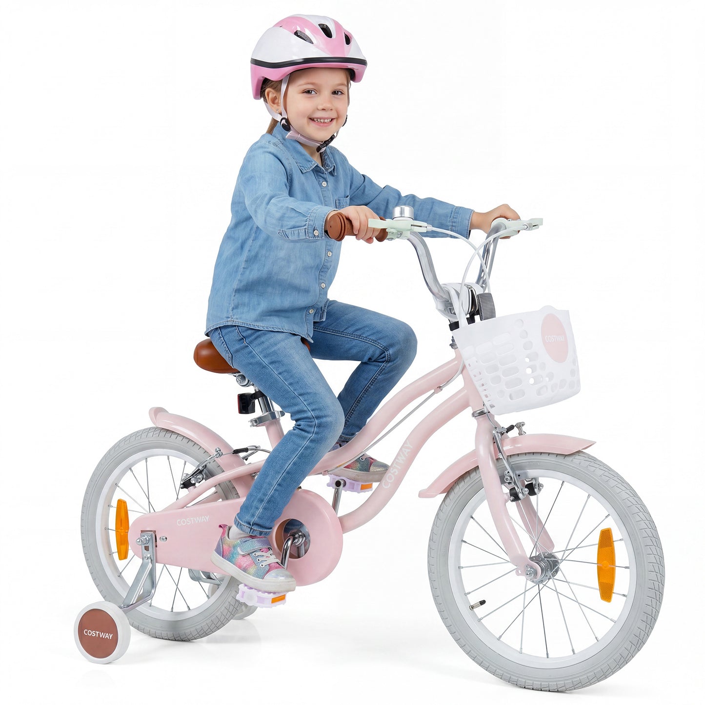 LIVSK Kinderfiets 16 Inch - Handrem en V-remmen - Verstelbaar Stuur en Zadel - Inclusief Mandje en Bel - Roze/Paarse