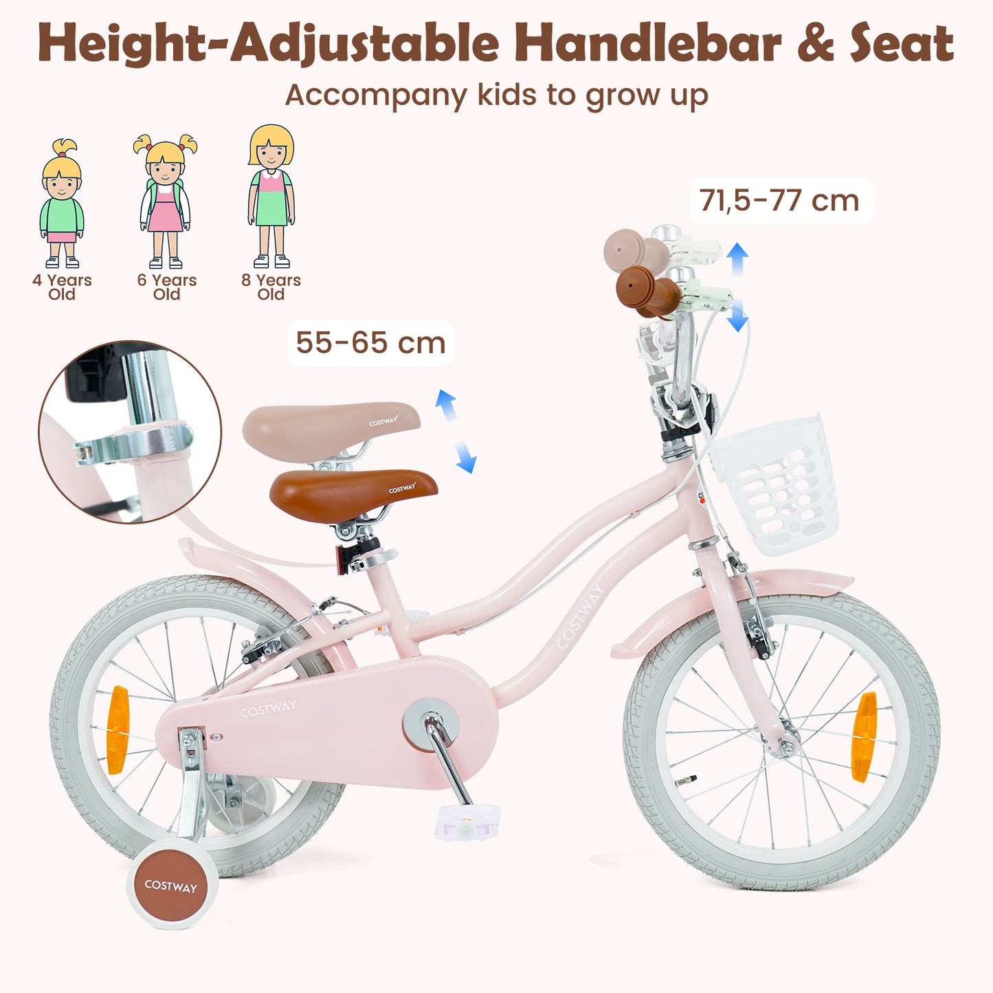 LIVSK Kinderfiets 16 inch - Met Zijwielen en Mand - Verstelbaar Stuur en Zadel - Antislip Voetsteunen - Roze/Paarse