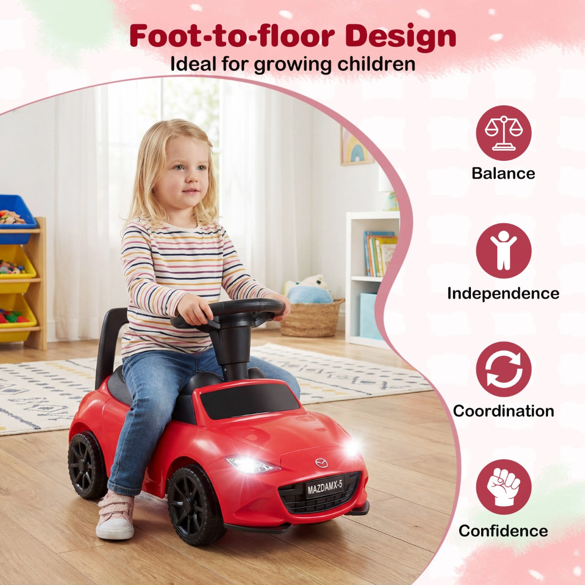 LIVSK Kinderglijauto - Voet-op-de-grond-systeem - Kantelbeveiliging - Opbergruimte - Geschikt voor 1-3 jaar - Roze/Rood/Wit