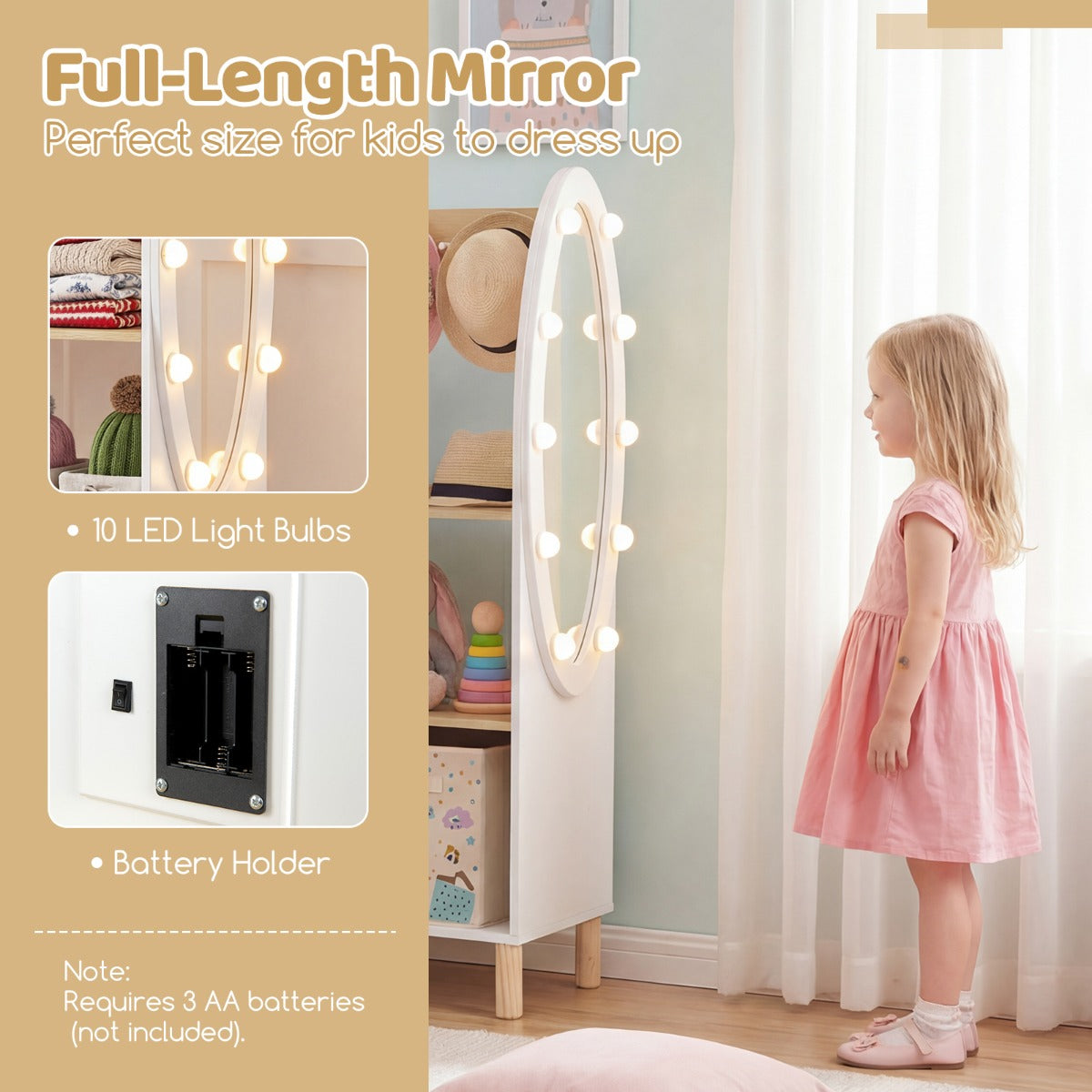 LIVSK Kinderkledingkast - Houten Frame - Verlichte Spiegel met LED - Grote Opbergcapaciteit - Wit