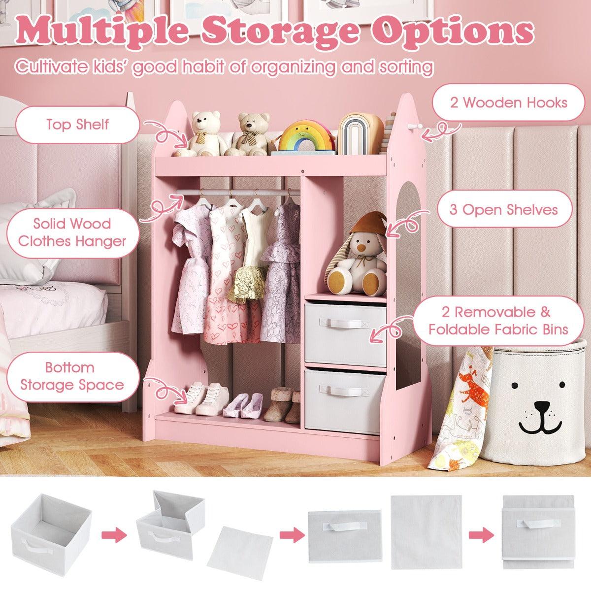 LIVSK Kinderkledingrek Verkleedcentrum - Bovenste Plank, Kleerhangers, 2 Opvouwbare Manden - Veilig en Speels - 81 x 38 x 107 cm