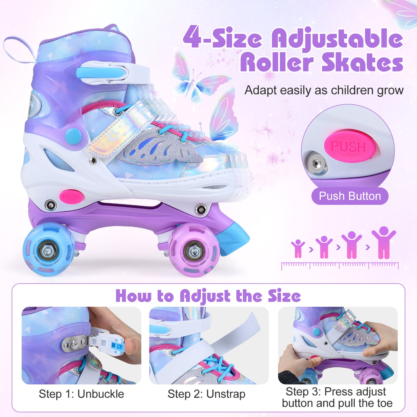 LIVSK Kinderrolschaatsen - Meegroeidesign - 4 Verlichte Wielen - Veilig en Comfortabel - EU Maten 30-41 - Blauw/Roze