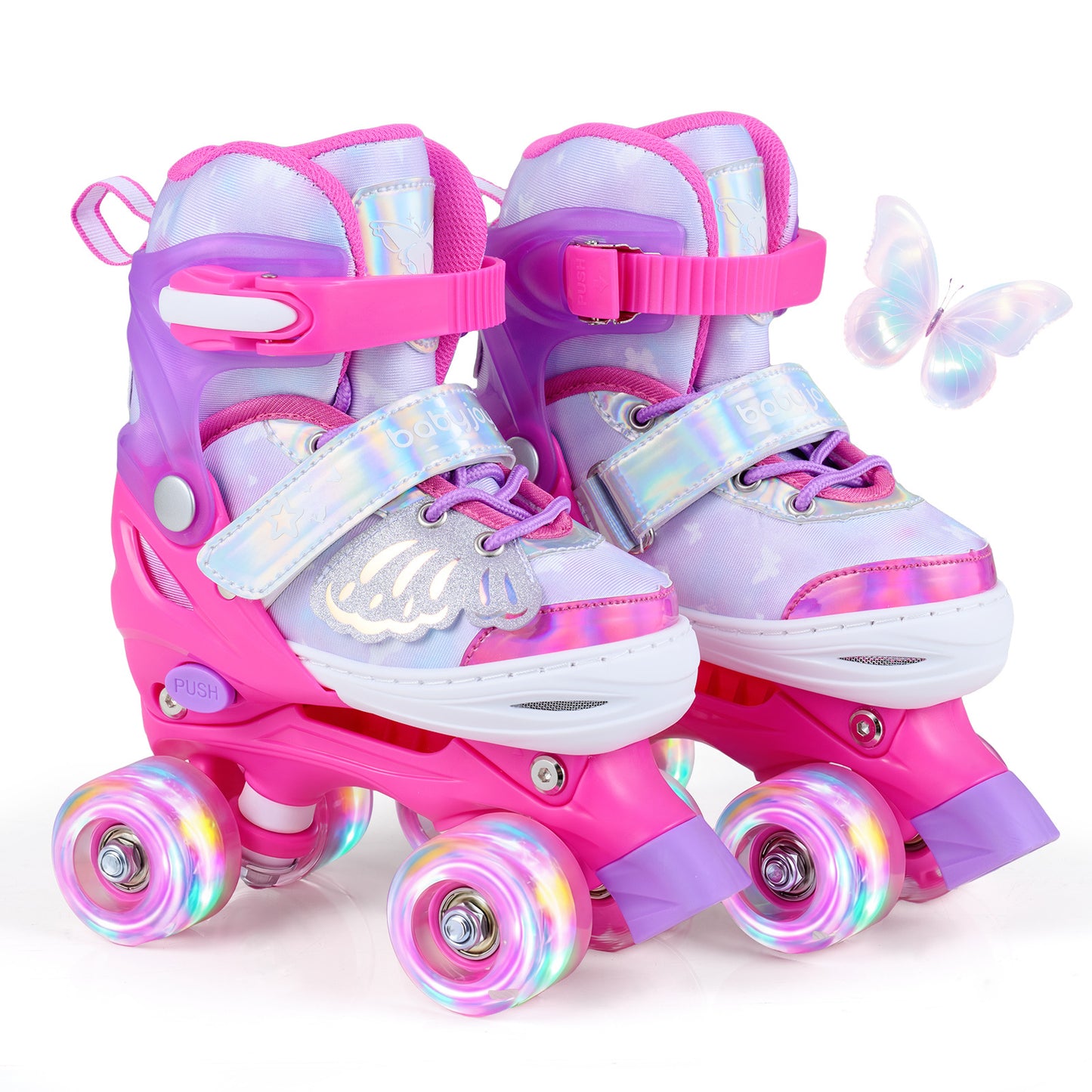 LIVSK Kinderrolschaatsen - Meegroeidesign - Verlichte Wielen - Drievoudig Sluitingssysteem - Vlinderdesign - Blauw/Roze