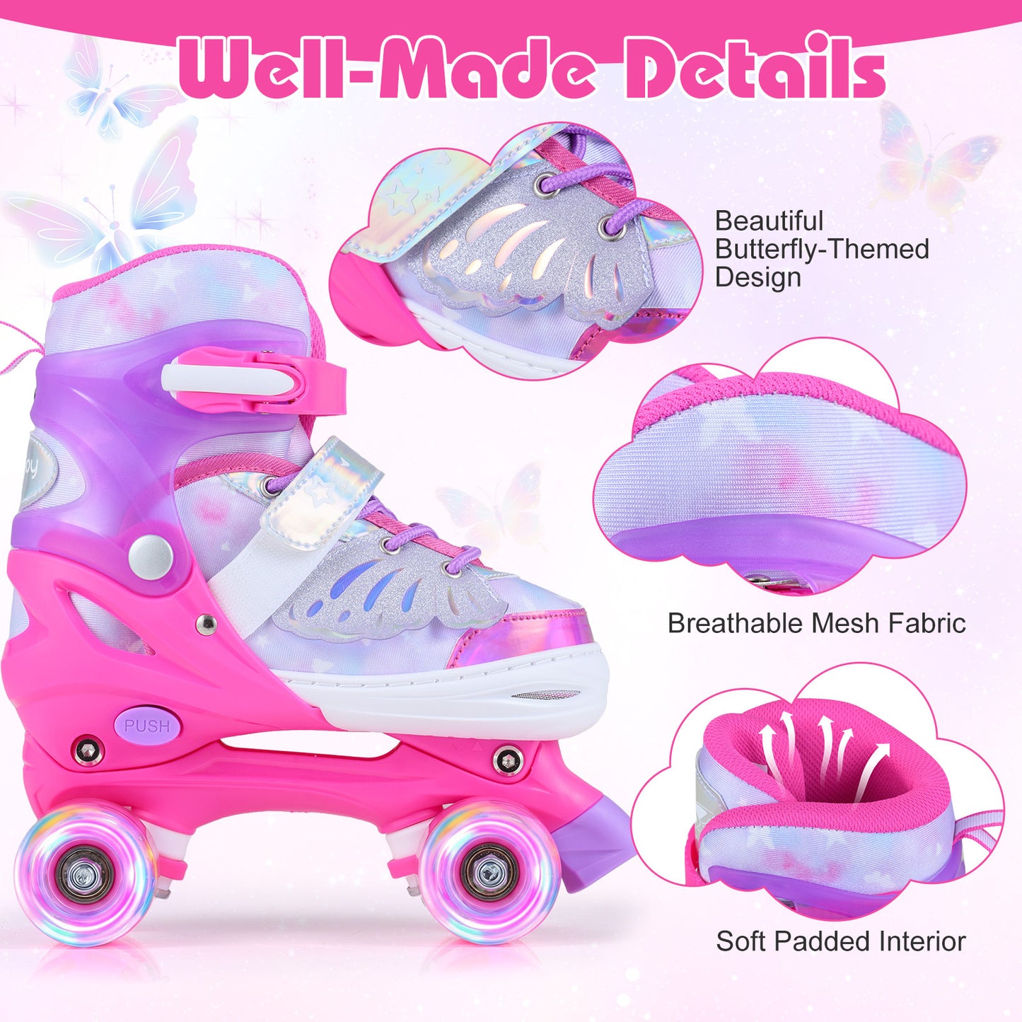 LIVSK Kinderrolschaatsen - Meegroeidesign - Verlichte Wielen - Drievoudig Sluitingssysteem - Vlinderdesign - Blauw/Roze