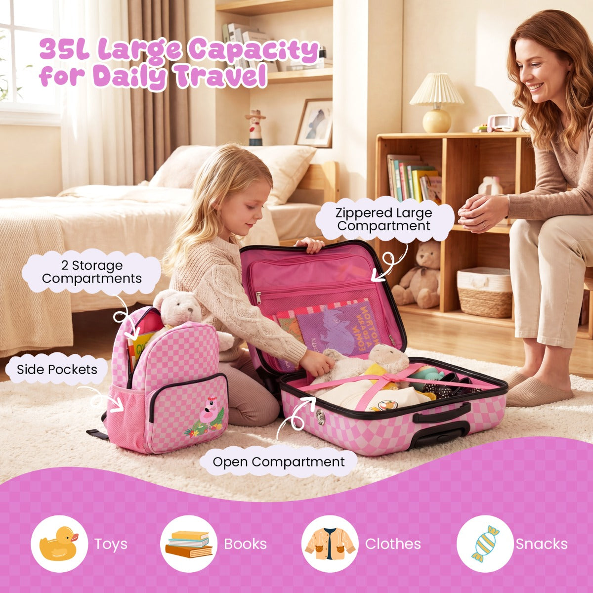 LIVSK Kinderrugzak - Handvat Rechterkant - Klassieke Stijl - Flamingo Ontwerp - Roze