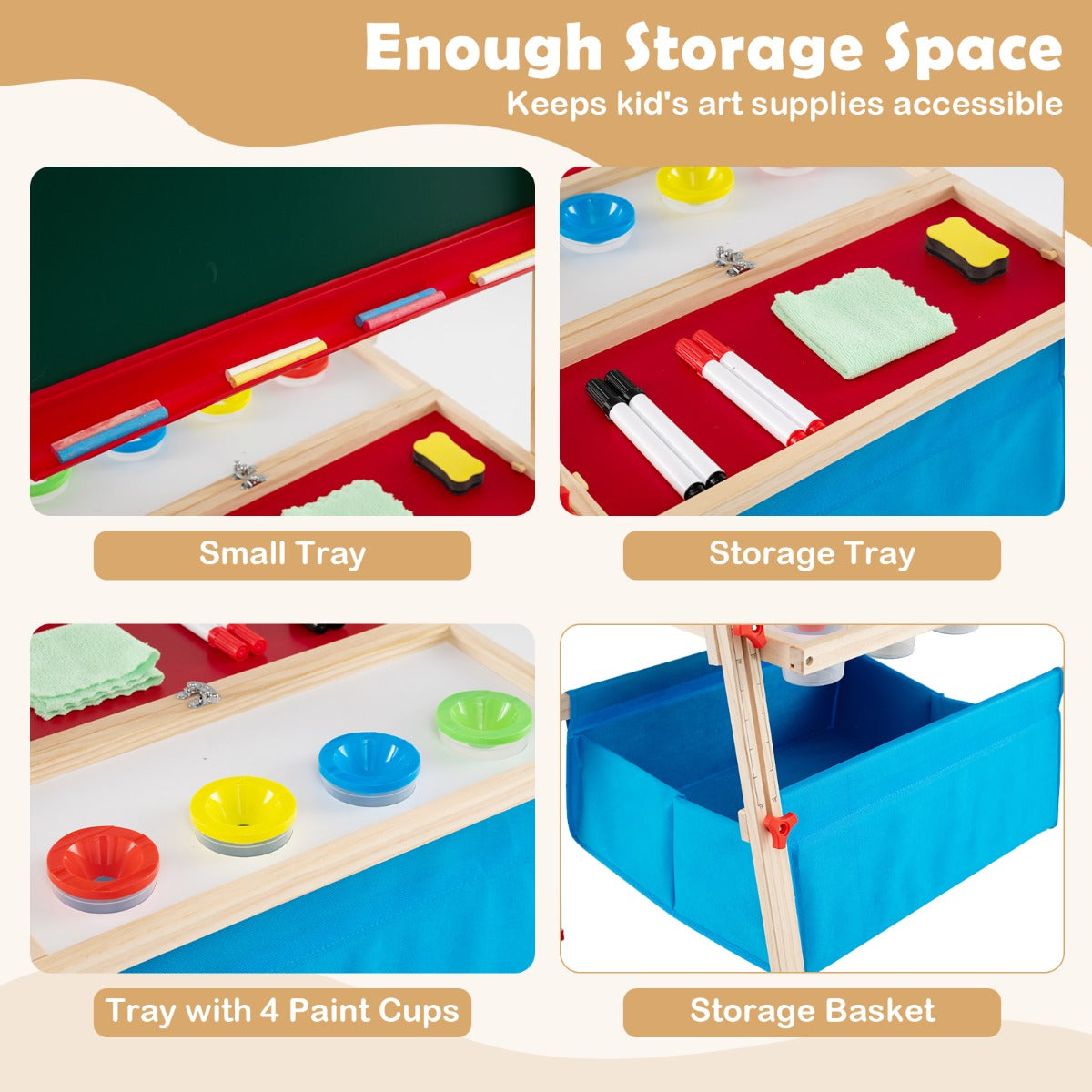 LIVSK Kinderschildersezel - Verstelbaar van 120-145 cm - Dubbelzijdig met Krijtbord & Whiteboard - Inclusief 4 Verfbekers -