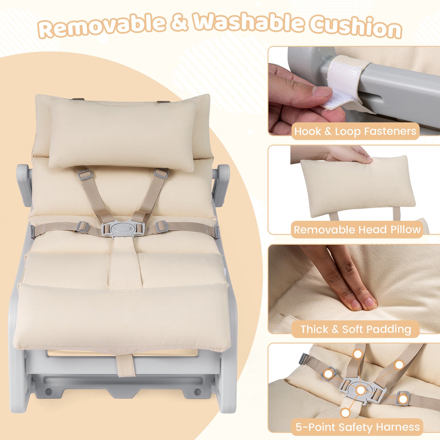LIVSK Kinderschommelstoel - 2 in 1 Functie - Verstelbare Rugleuning - HDPE Materiaal - Veiligheidsriem - Grijs/Beige/Roze