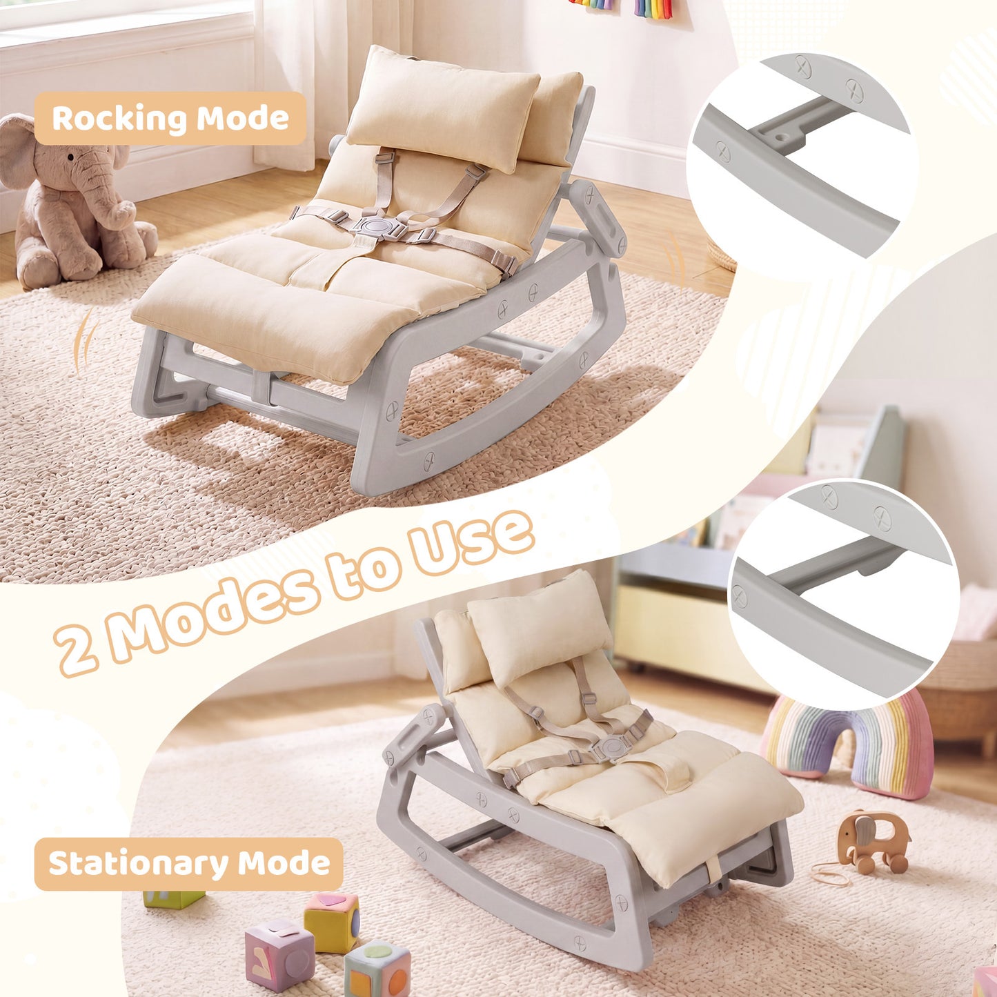 LIVSK Kinderschommelstoel - 2 in 1 Functie - Verstelbare Rugleuning - HDPE Materiaal - Veiligheidsriem - Grijs/Beige/Roze
