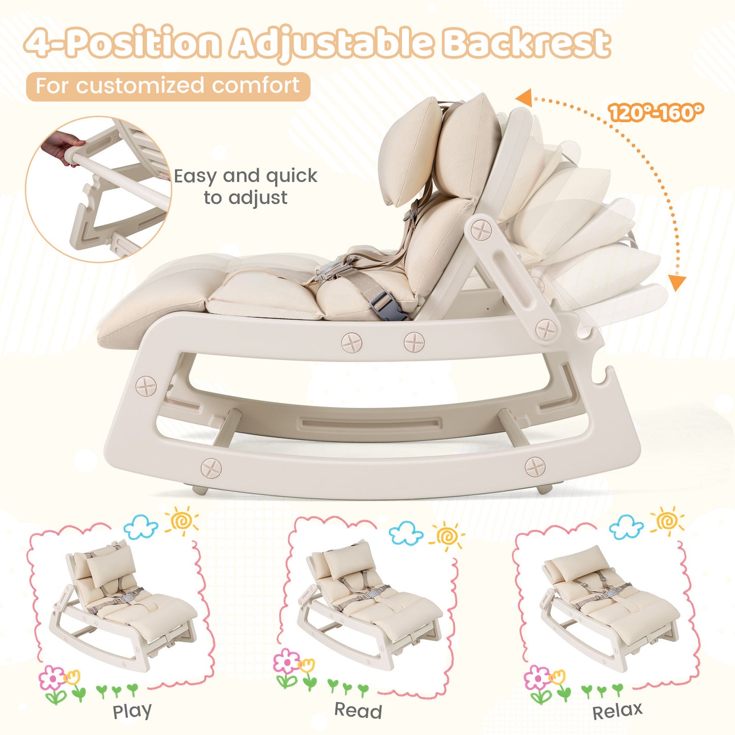 LIVSK Kinderschommelstoel - 2 in 1 Functie - Verstelbare Rugleuning - HDPE Materiaal - Voor Binnen en Buiten - Grijs/Beige/Roze