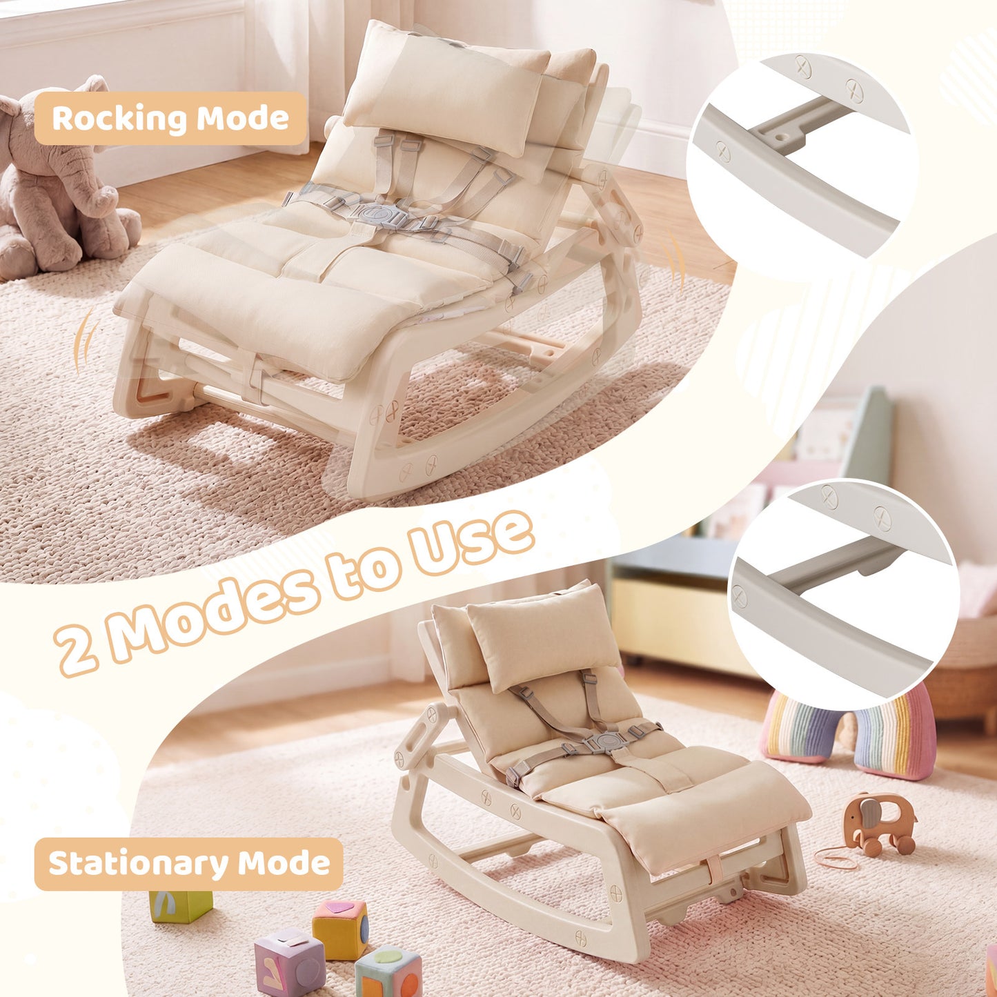 LIVSK Kinderschommelstoel - 2 in 1 Functie - Verstelbare Rugleuning - HDPE Materiaal - Voor Binnen en Buiten - Grijs/Beige/Roze