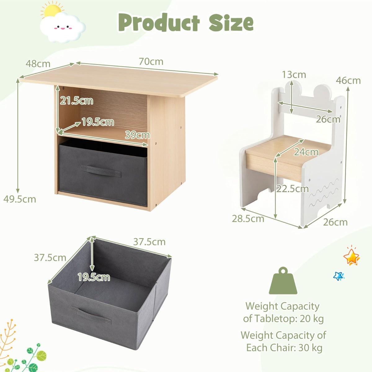 LIVSK Kinderset - Praktische Tafel en 2 Stoelen - Ruime Opbergruimte - Robuuste Constructie - Wit en Naturel