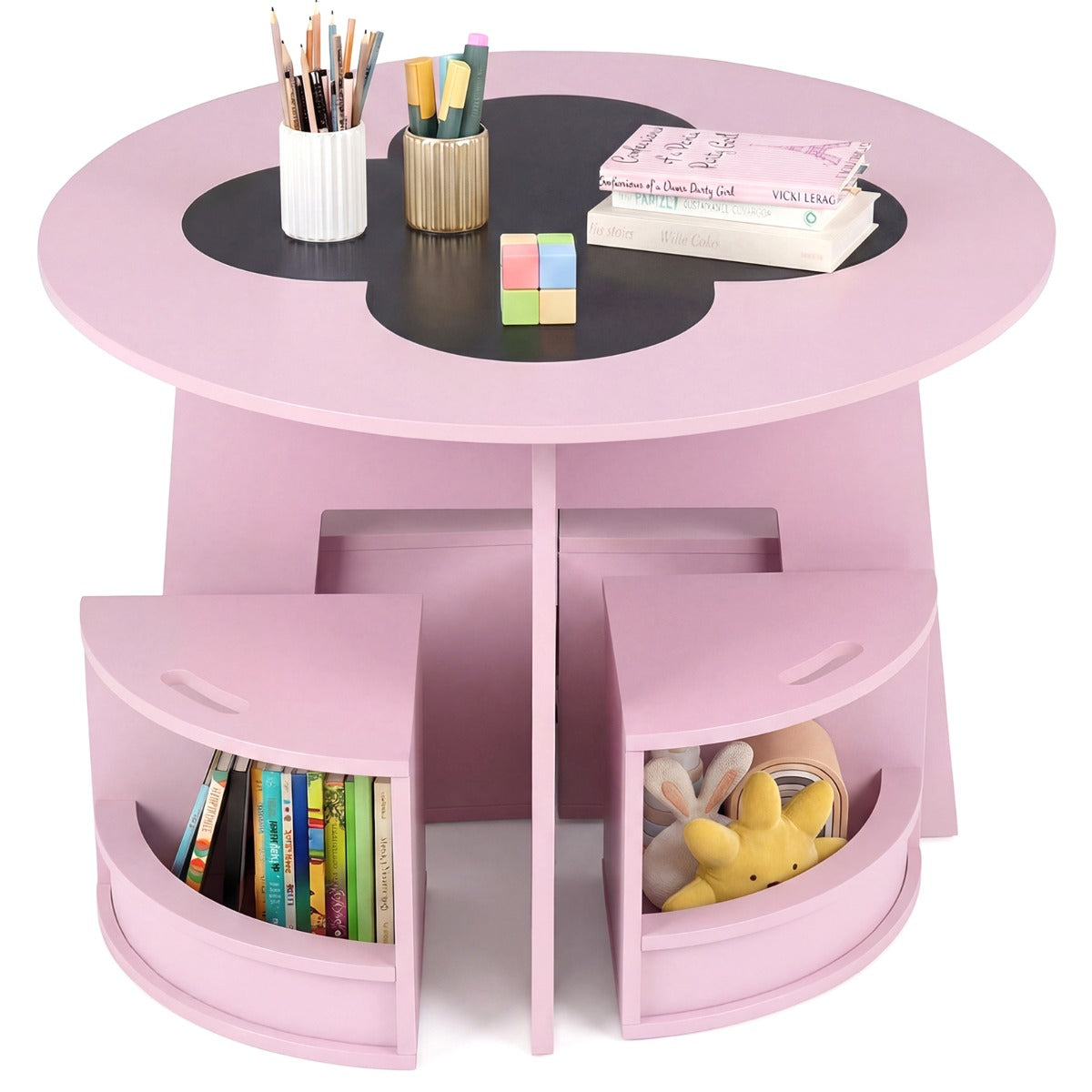 LIVSK Kindertafel en Stoelen Set - Ronde Tafel met 4 Krukjes - Verstevigd MDF - Opbergvakken - Veilig Ontwerp - Roze