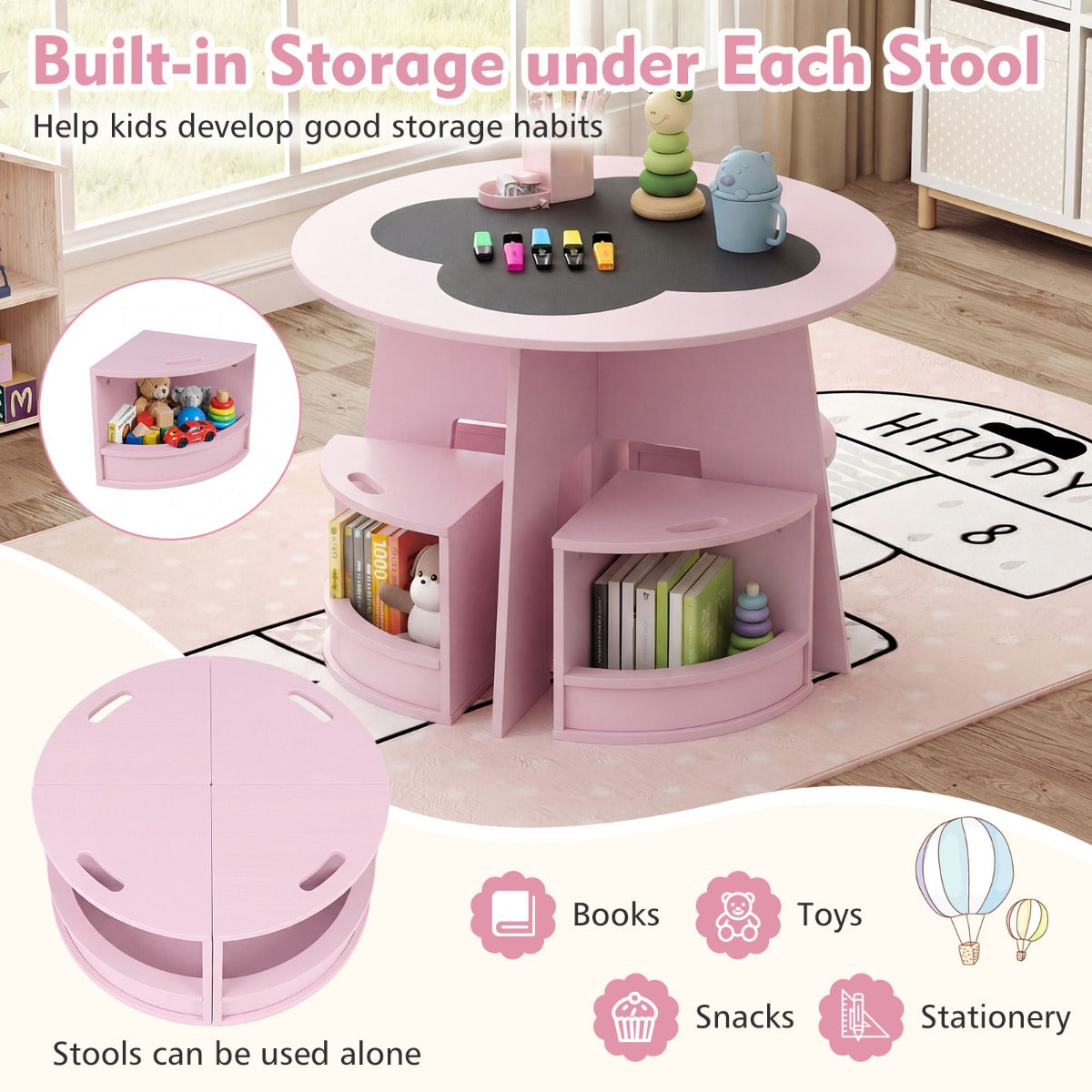 LIVSK Kindertafel en Stoelen Set - Ronde Tafel met 4 Krukjes - Verstevigd MDF - Verstevigde Opbergruimte - Roze