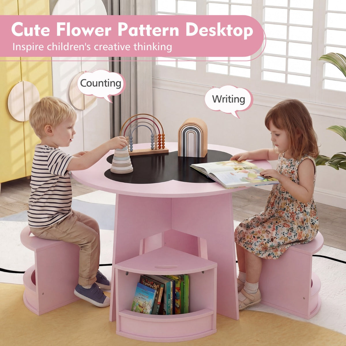 LIVSK Kindertafel en Stoelen Set - Ronde Tafel met 4 Krukjes - Verstevigd MDF - Verstevigde Opbergruimte - Roze