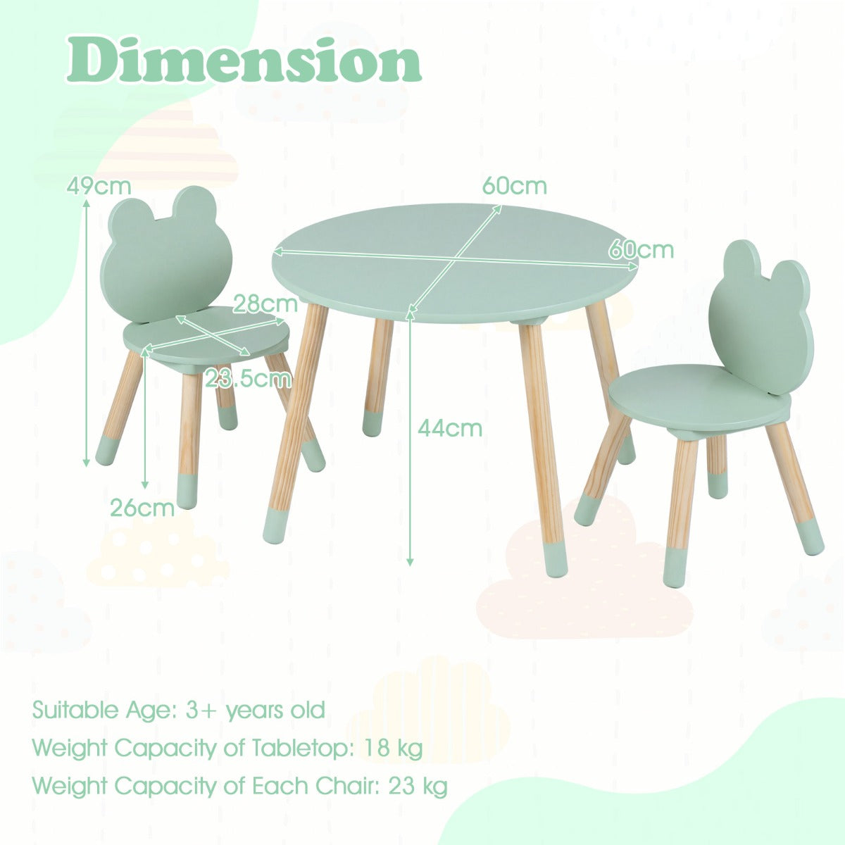LIVSK Kindertafel met 2 Stoelen - Veilig en Robuust - Massief Grenenhout - Ideaal voor Kinderen vanaf 3 Jaar - Groen/Wit