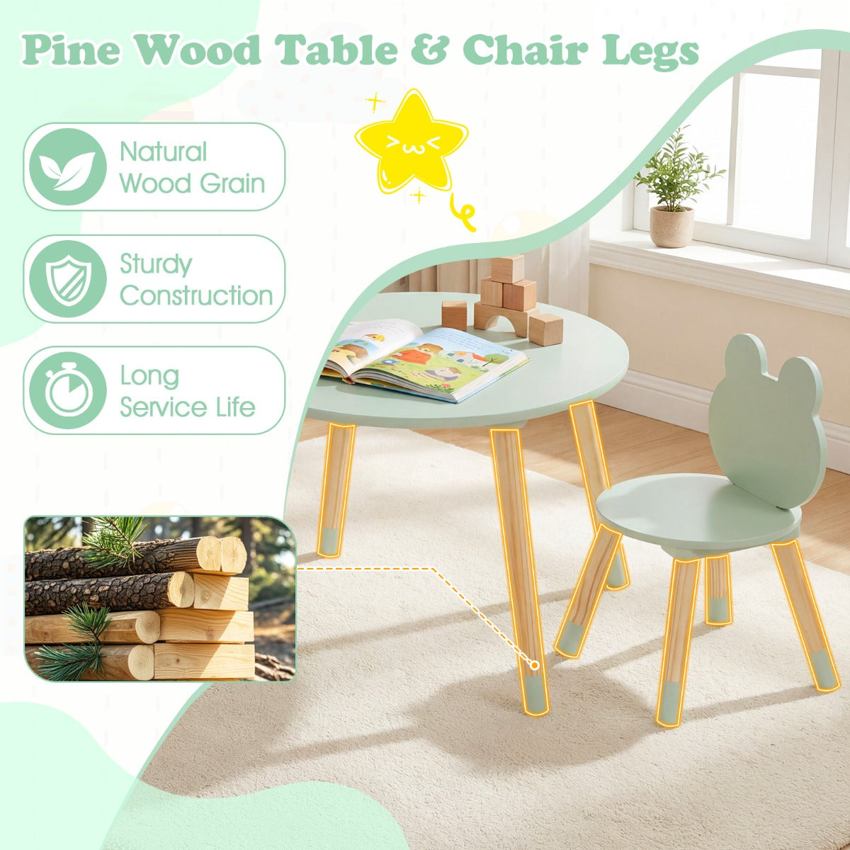 LIVSK Kindertafel met 2 Stoelen - Veilig en Robuust - Massief Grenenhout - Ideaal voor Kinderen vanaf 3 Jaar - Groen/Wit