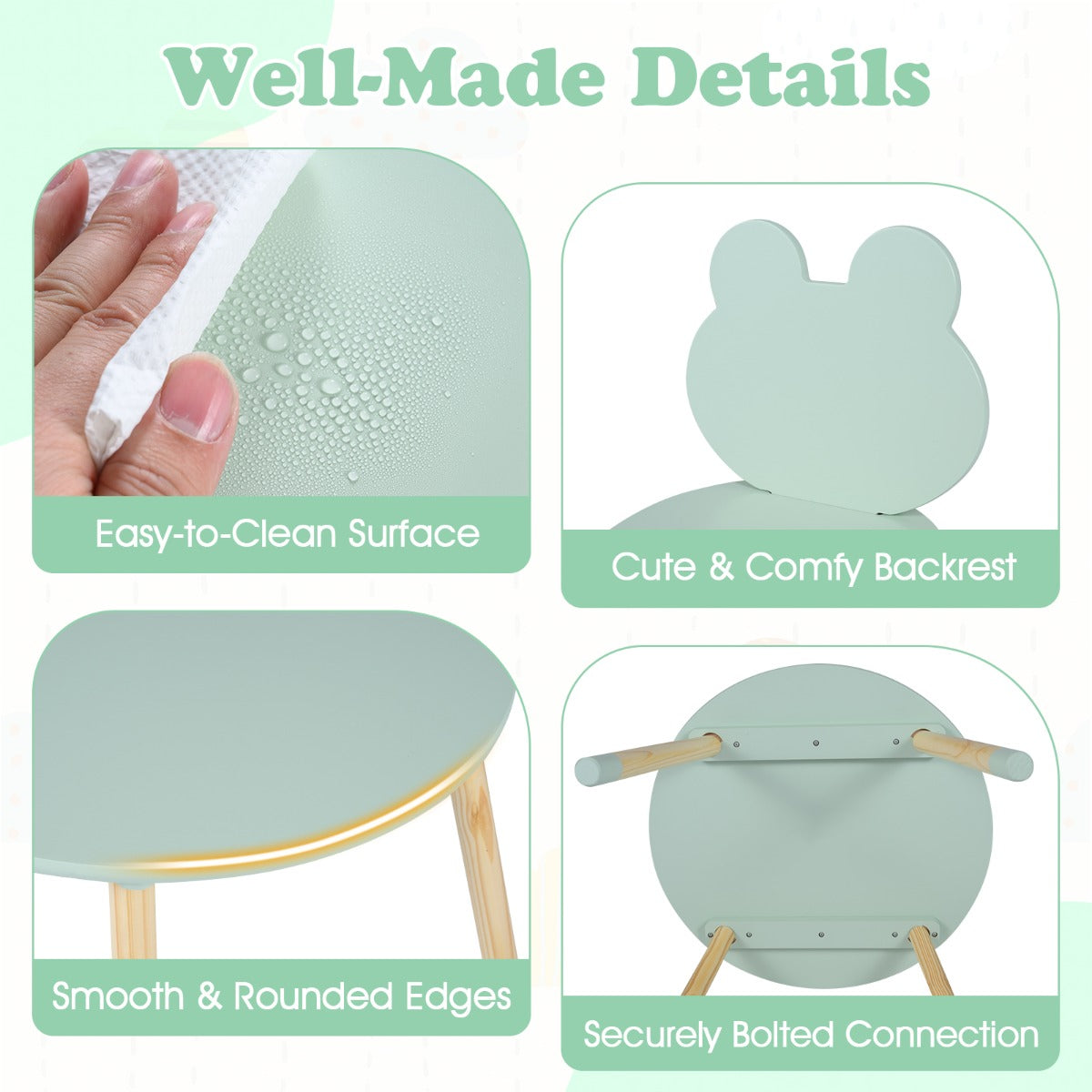 LIVSK Kindertafel met 2 Stoelen - Veilig en Robuust - Massief Grenenhout - Ideaal voor Kinderen vanaf 3 Jaar - Groen/Wit