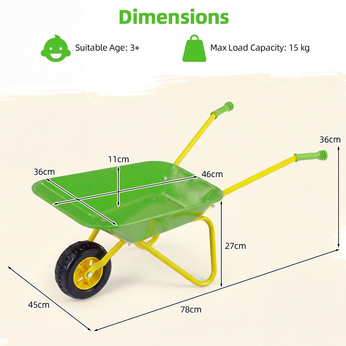 LIVSK Kindertuinwagen - Robuust Metaal - Veilig met Antisliphandgrepen - Draagvermogen 15 kg - Rood/Groen & Geel