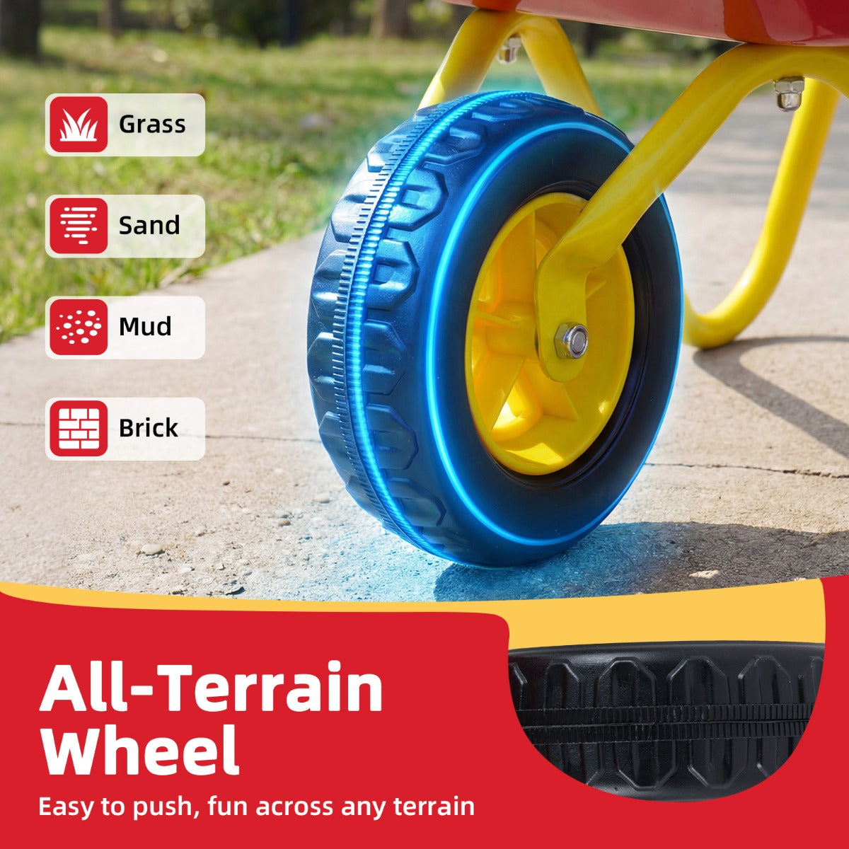LIVSK Kindertuinwagen - Stevig Metaal - Antislip Handgrepen - Robuuste Terreinbanden - Draagvermogen 15 kg - Rood/Groen & Geel