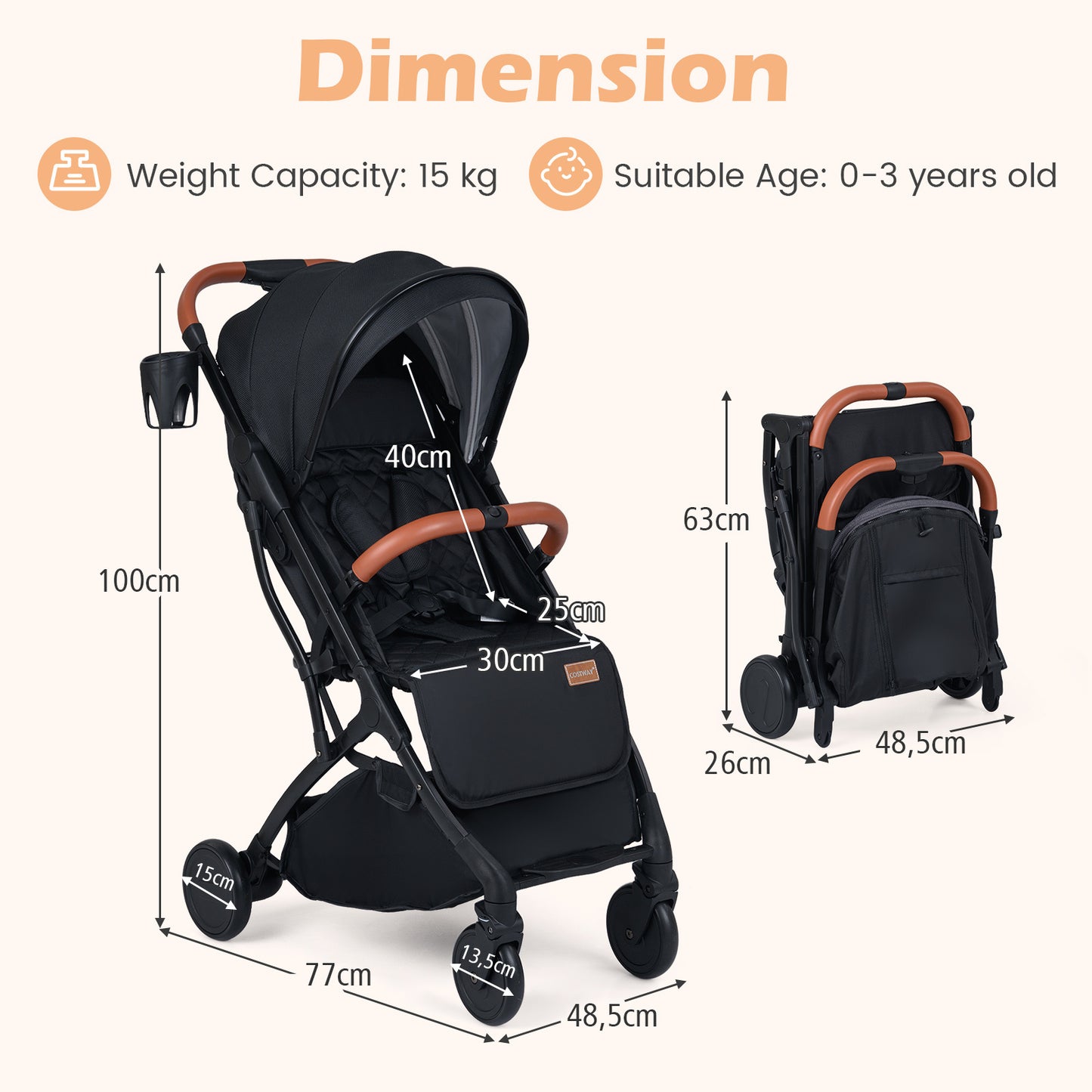 LIVSK Kinderwagen - Eenvoudig Opvouwbaar - Verstelbare Rugleuning - Inclusief Regenbescherming - Voor Kinderen tot 15 kg -