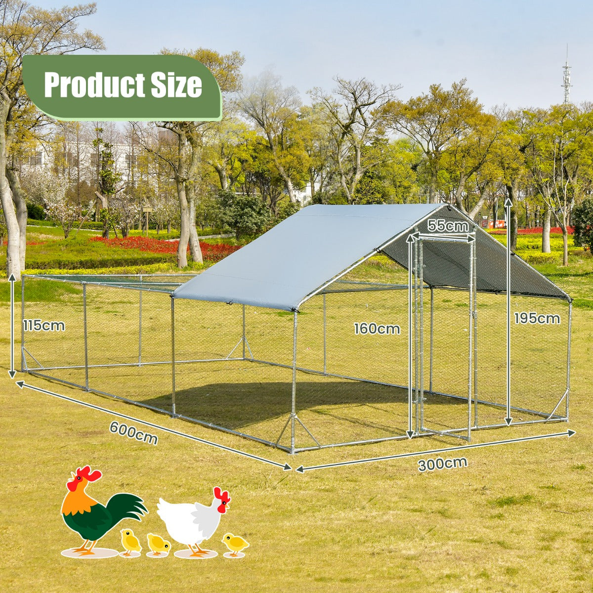 LIVSK Kippenren Vrijloop 600 x 300 x 195 cm - Verzinkt Stalen Frame - Afneembare Oxford-hoes - Veiligheidsdeur - Zilver