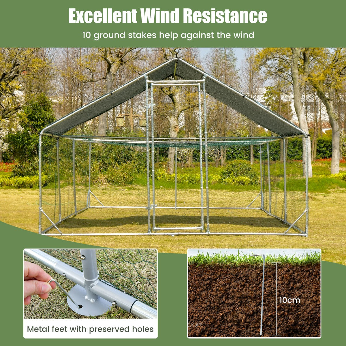 LIVSK Kippenren Vrijloop 600 x 300 x 195 cm - Verzinkt Stalen Frame - Afneembare Oxford-hoes - Veiligheidsdeur - Zilver