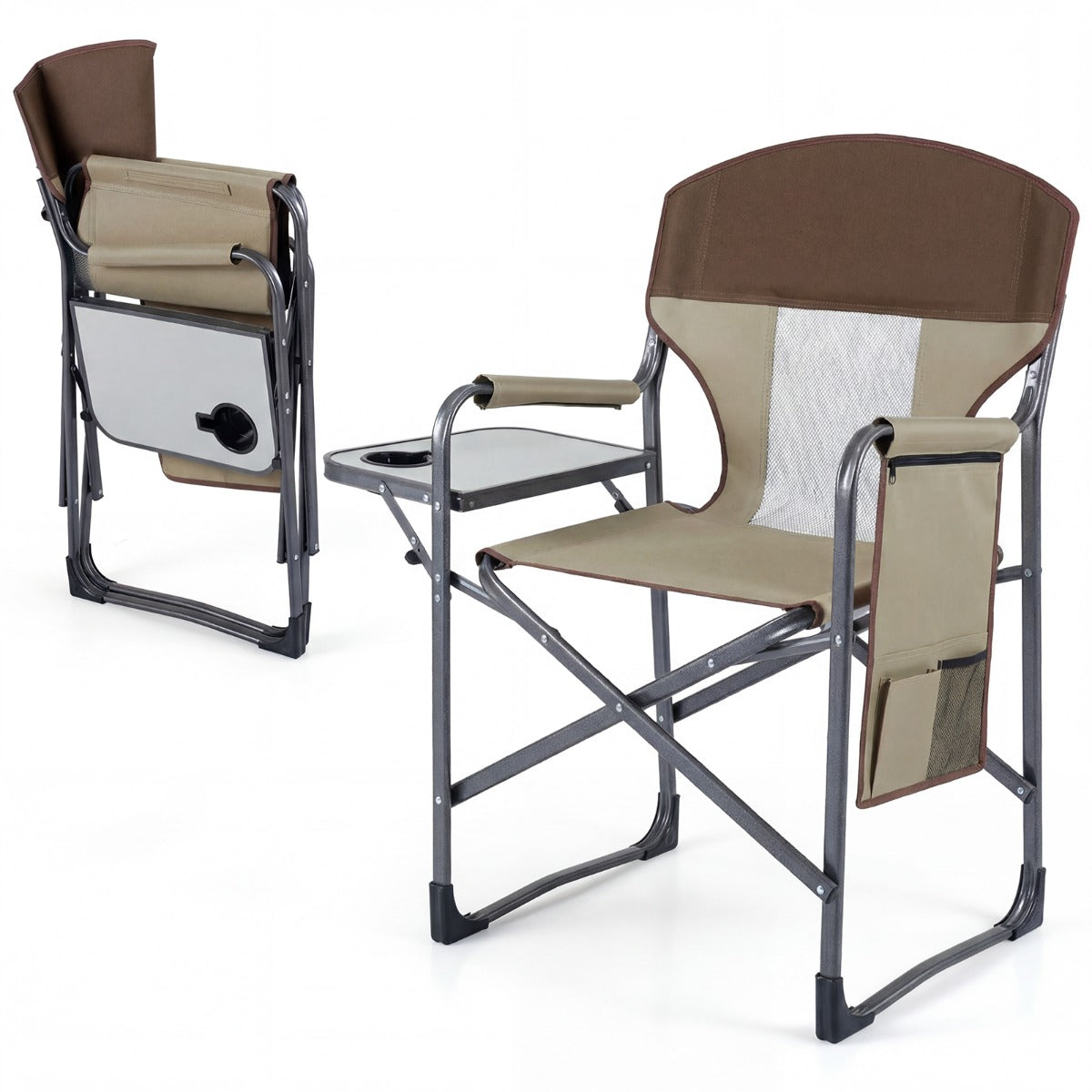 LIVSK Klapstoel - Ergonomische Rugleuning - Duurzaam Oxford - Bekerhouder & Opbergtas - Draagvermogen 180 kg - Bruin