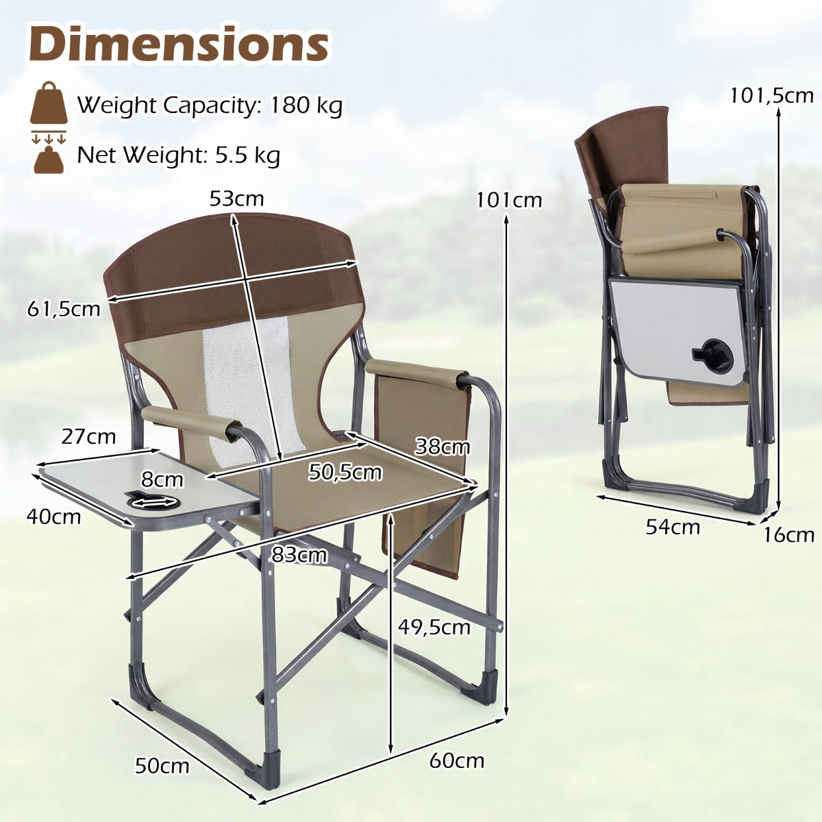LIVSK Klapstoel - Ergonomische Rugleuning - Duurzaam Oxford - Bekerhouder & Opbergtas - Draagvermogen 180 kg - Bruin