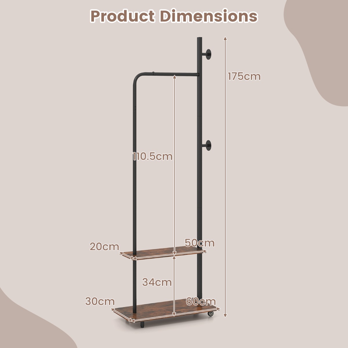 LIVSK Kledingrek Vrijstaand met Kledingstang, Legplanken - Metalen Frame - 60x30x175 cm - Bruin