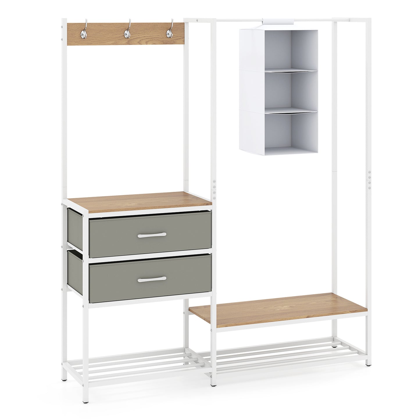 LIVSK Kledingstandaard - 6-in-1 Garderobe - Versterkt Metaal - 2 Uitneembare Lades - 138 x 35 x 161 cm - Wit