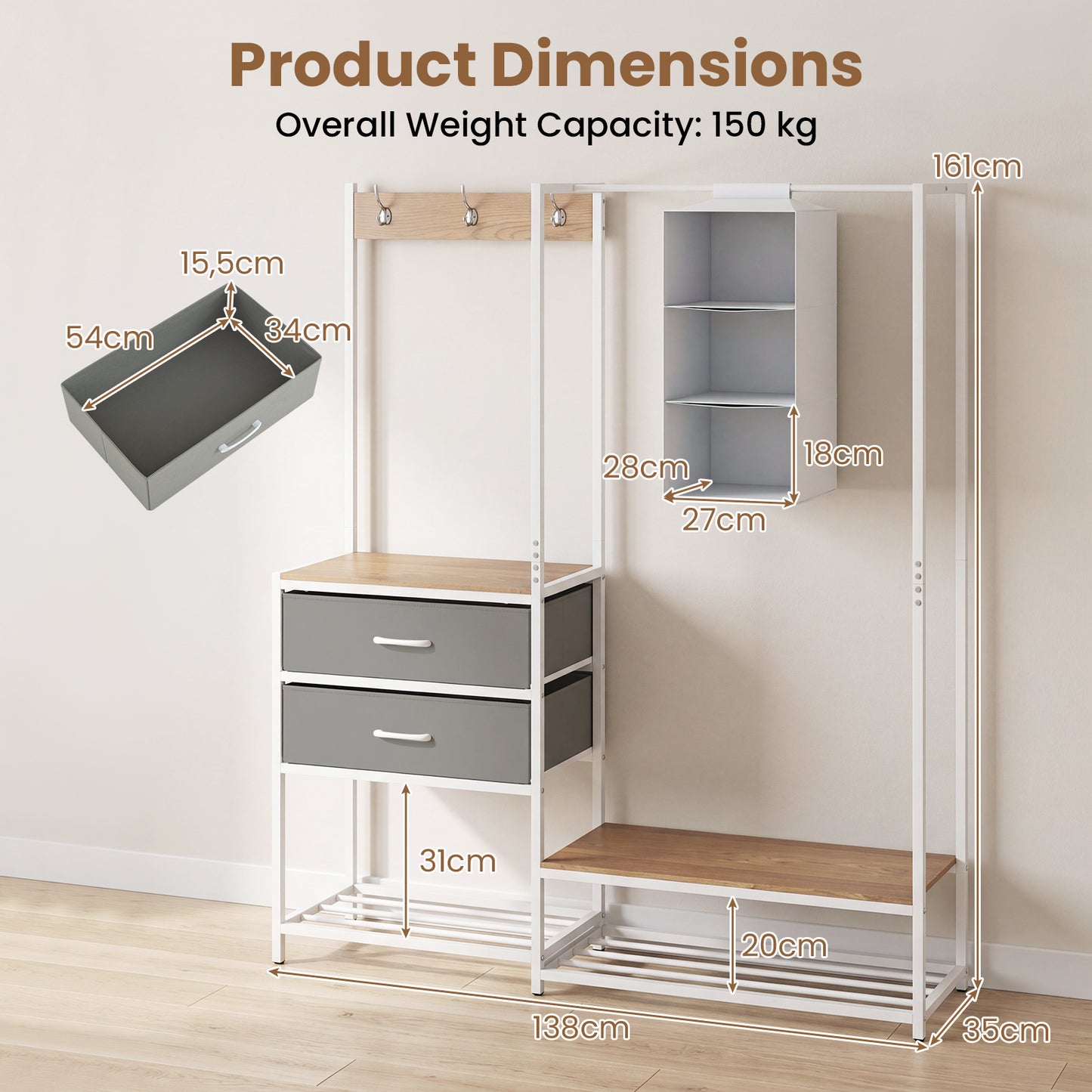 LIVSK Kledingstandaard - 6-in-1 Garderobe - Versterkt Metaal - 2 Uitneembare Lades - 138 x 35 x 161 cm - Wit