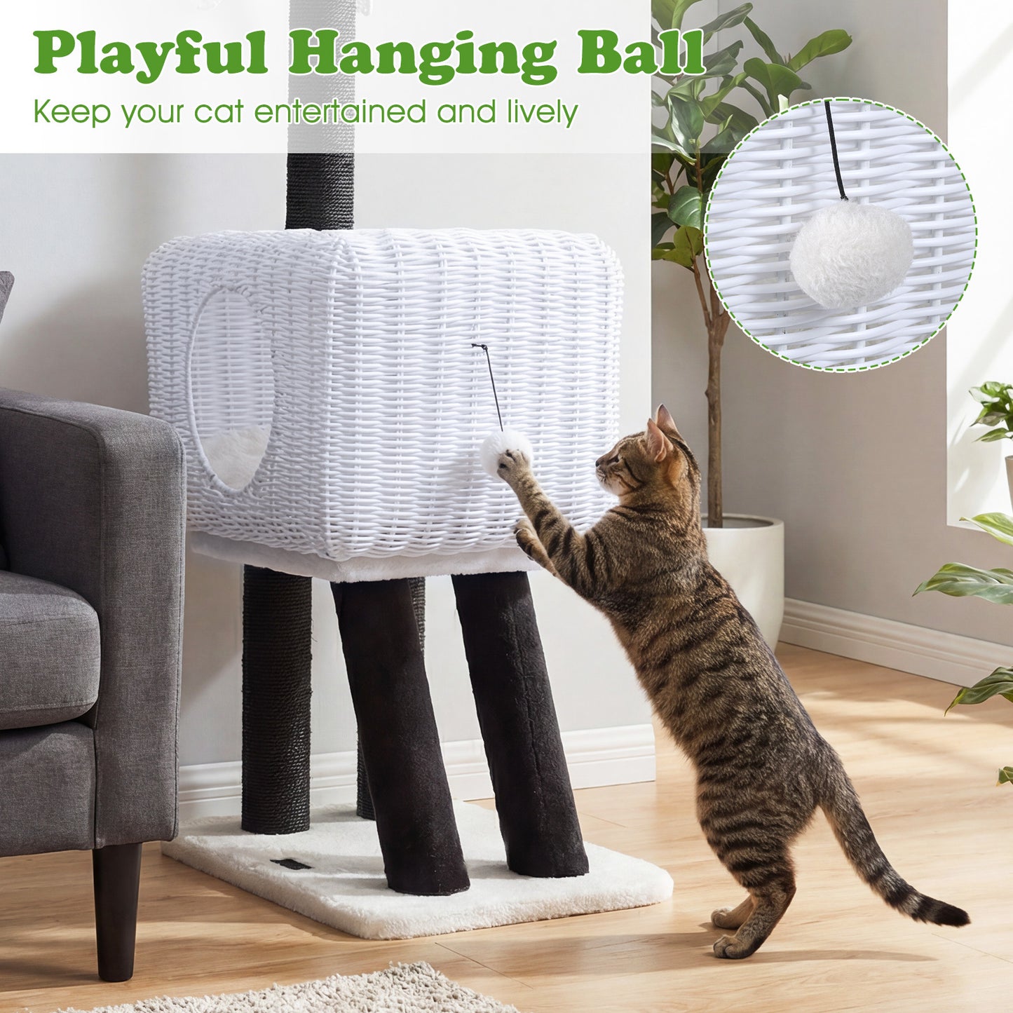LIVSK Krabpaal voor Katten - Schapenontwerp - Duurzame Sisalstammen - Ruime Kattenhol - Interactieve Speelbal - Wit + Zwart