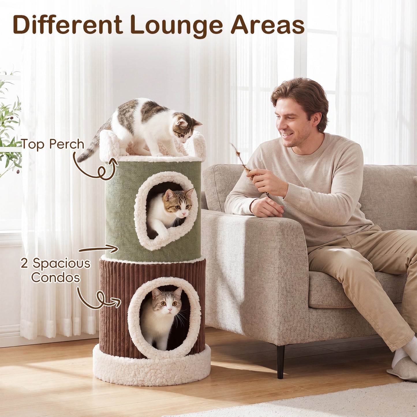 LIVSK Krabton - 3 Niveaus - Houten Structuur - Eenvoudige Reiniging - Voor 3 Katten - Groen + Bruin + Beige