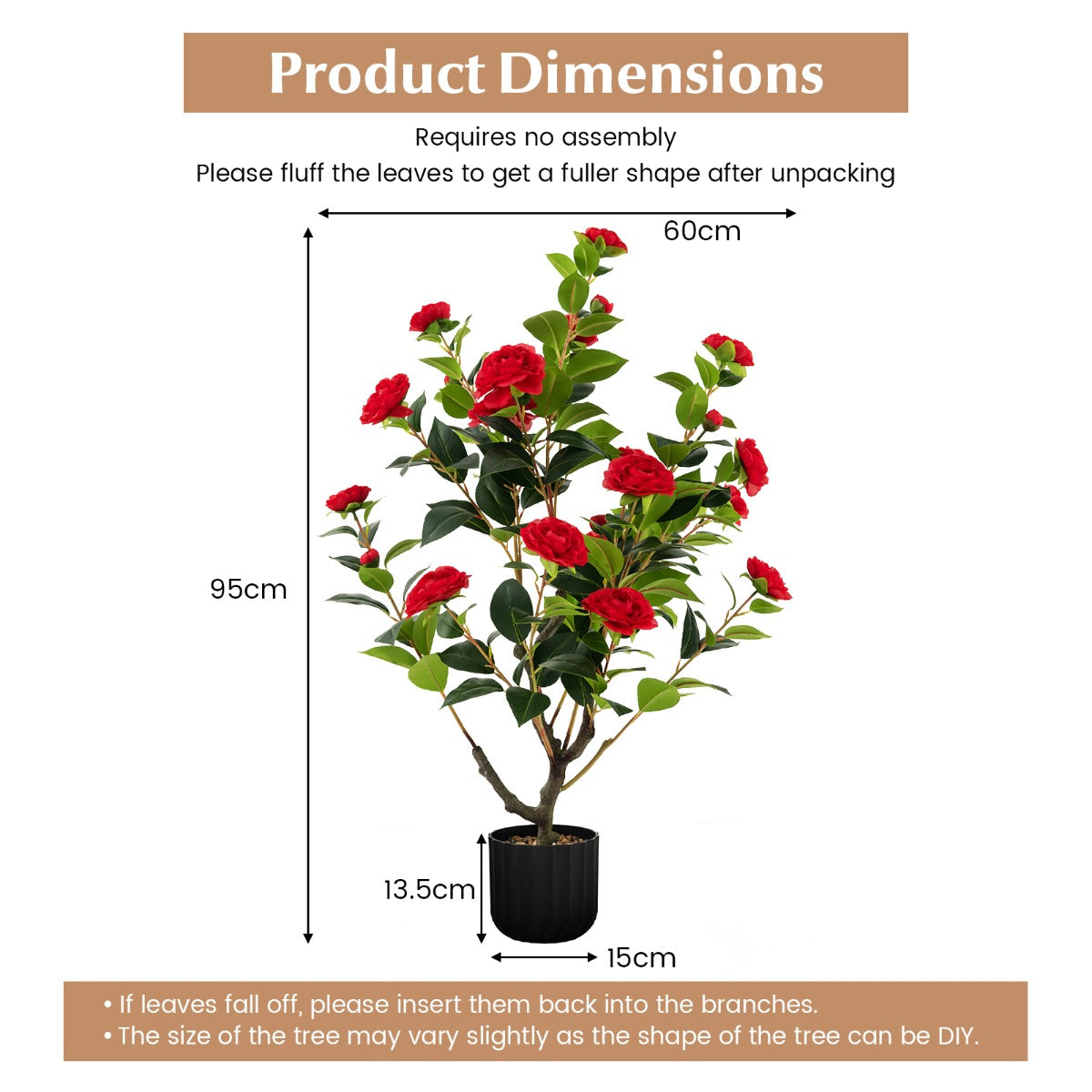 LIVSK Kunstcamelia 95 cm - Levensechte Nepbloemen met Glanzende Kiezels - Onderhoudsvrij - Perfect voor Huis en Kantoor - Rood