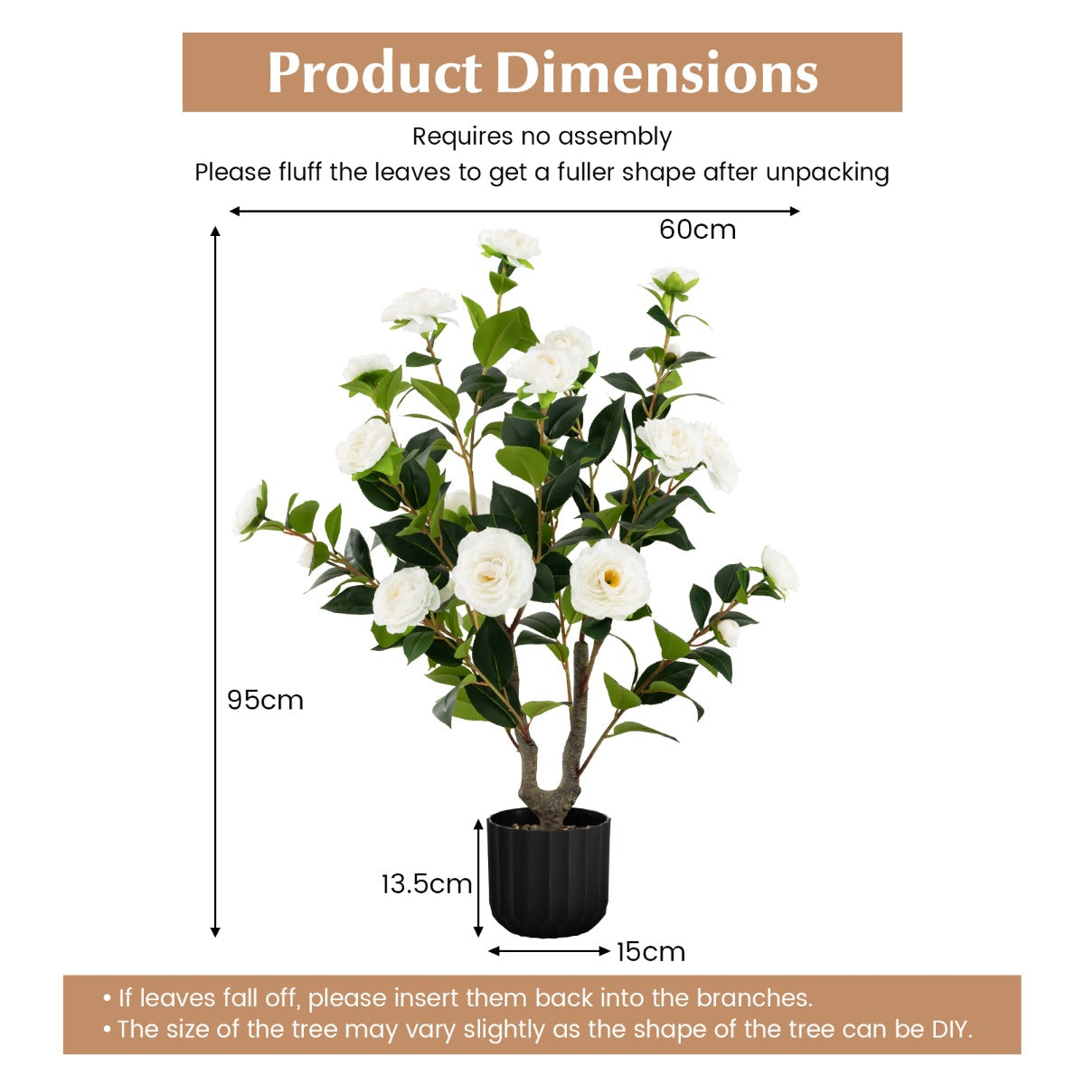 LIVSK Kunstcamelia Kunstplant - Levensechte Bloemen en Bladeren - Onderhoudsvrij - Decoratie voor Huis en Kantoor - 95 cm - Wit