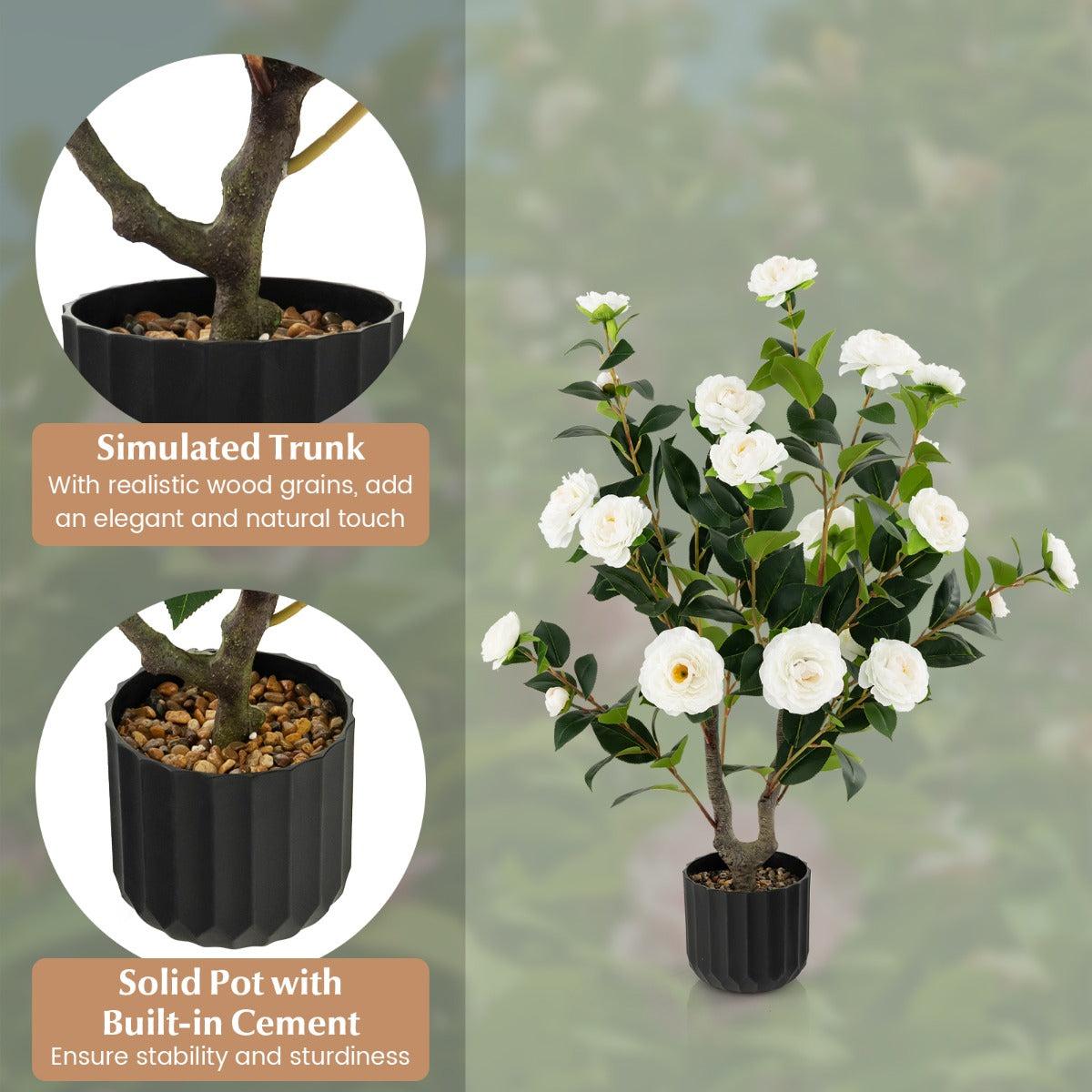 LIVSK Kunstcamelia Kunstplant - Levensechte Bloemen en Bladeren - Onderhoudsvrij - Decoratie voor Huis en Kantoor - 95 cm - Wit