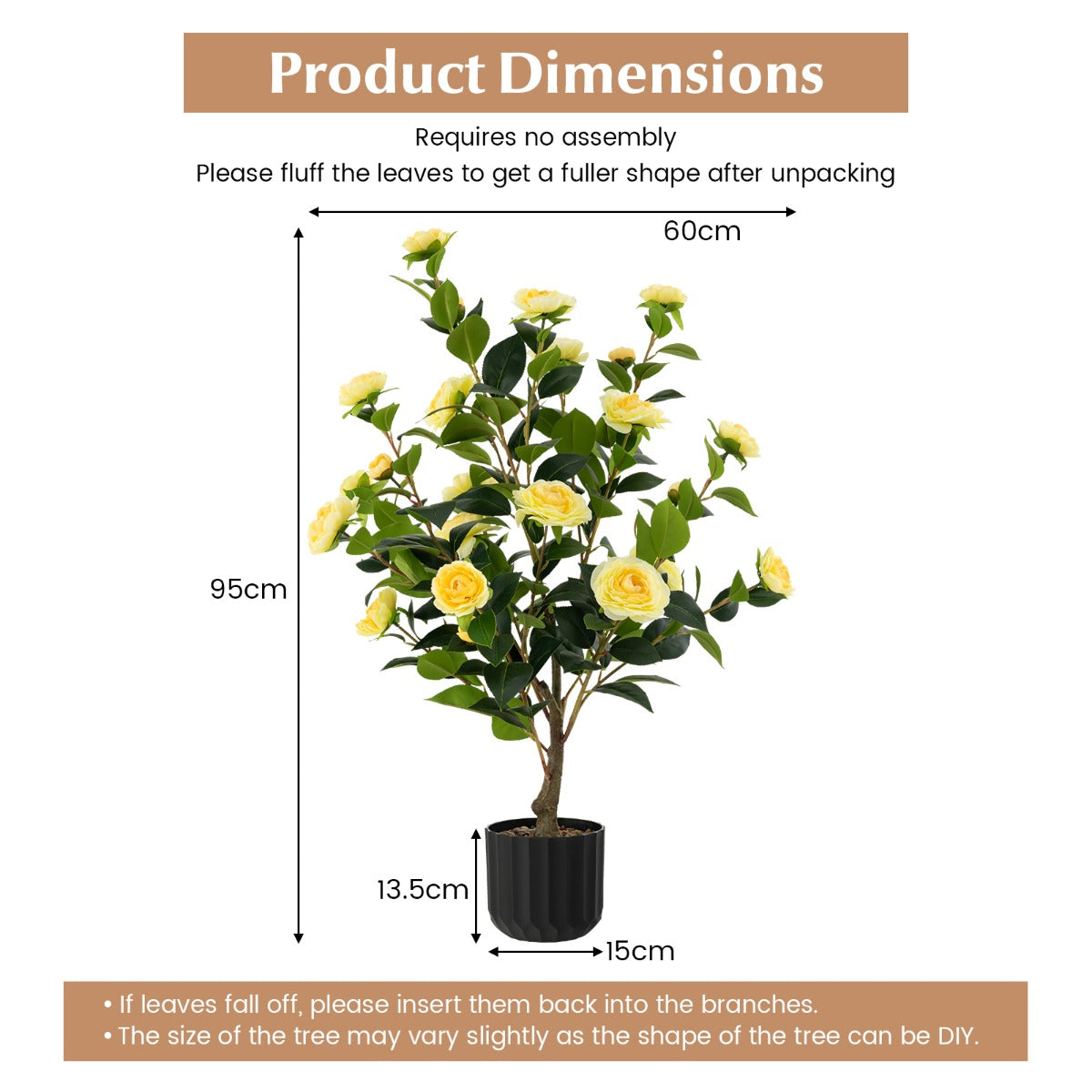 LIVSK Kunstcamelia Nepbloemenplant - Levensecht met 24 Bloemen en 186 Bladeren - Onderhoudsvrij - 95 cm Hoog - Geel + Groen +