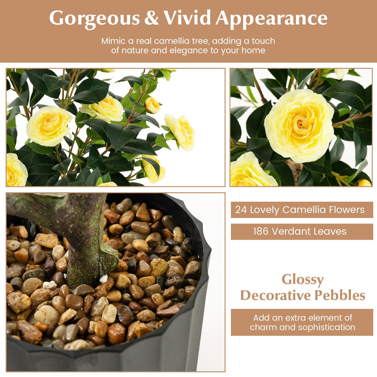 LIVSK Kunstcamelia Nepbloemenplant - Levensecht met 24 Bloemen en 186 Bladeren - Onderhoudsvrij - 95 cm Hoog - Geel + Groen +