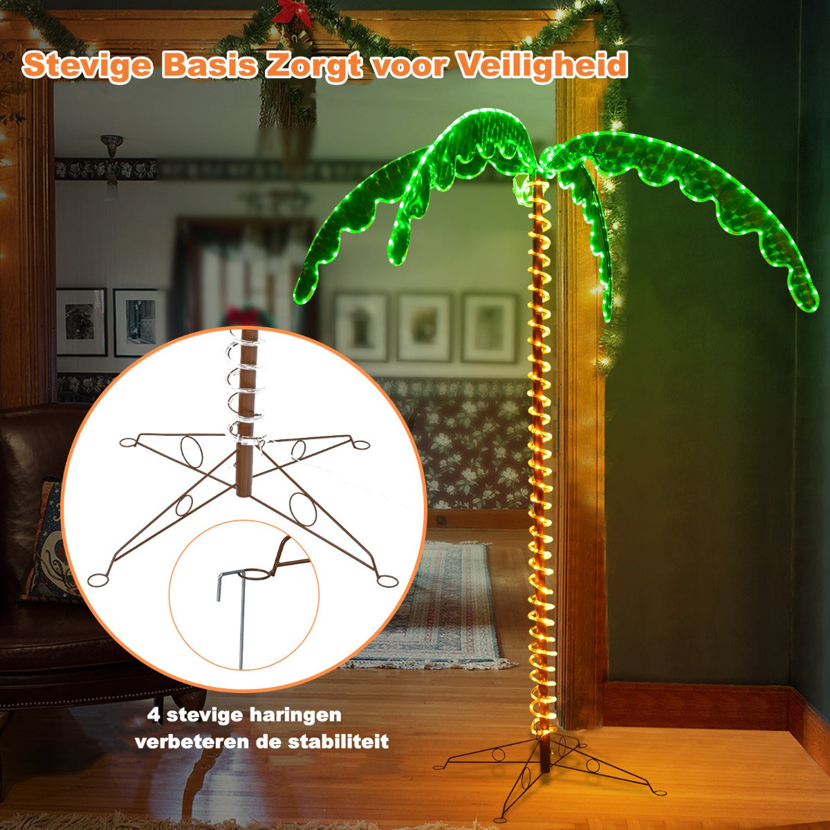 LIVSK Kunstmatige Palmboom - Warme LED Verlichting - Stevige Metalen Basis - Voor Binnen & Buiten - Groen en Bruin