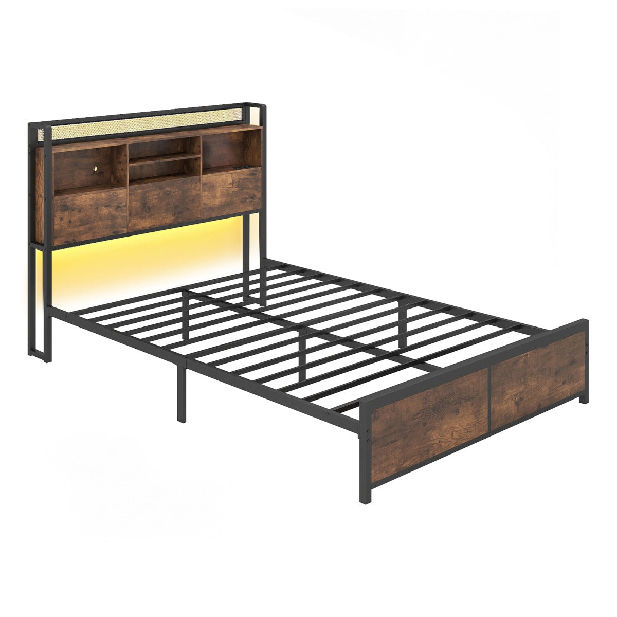 LIVSK LED-Bedframe - Aanpasbare Verlichting - Geïntegreerd Oplaadstation - Slimme Opbergruimte - Rustiek Bruin