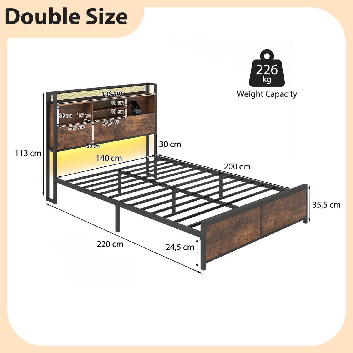 LIVSK LED-Bedframe - Aanpasbare Verlichting - Geïntegreerd Oplaadstation - Slimme Opbergruimte - Rustiek Bruin