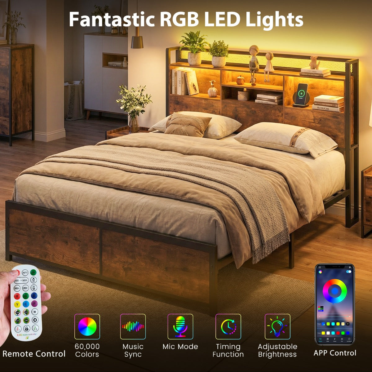 LIVSK LED-Bedframe - Aanpasbare Verlichting - Geïntegreerd Oplaadstation - Slimme Opbergruimte - Rustiek Bruin