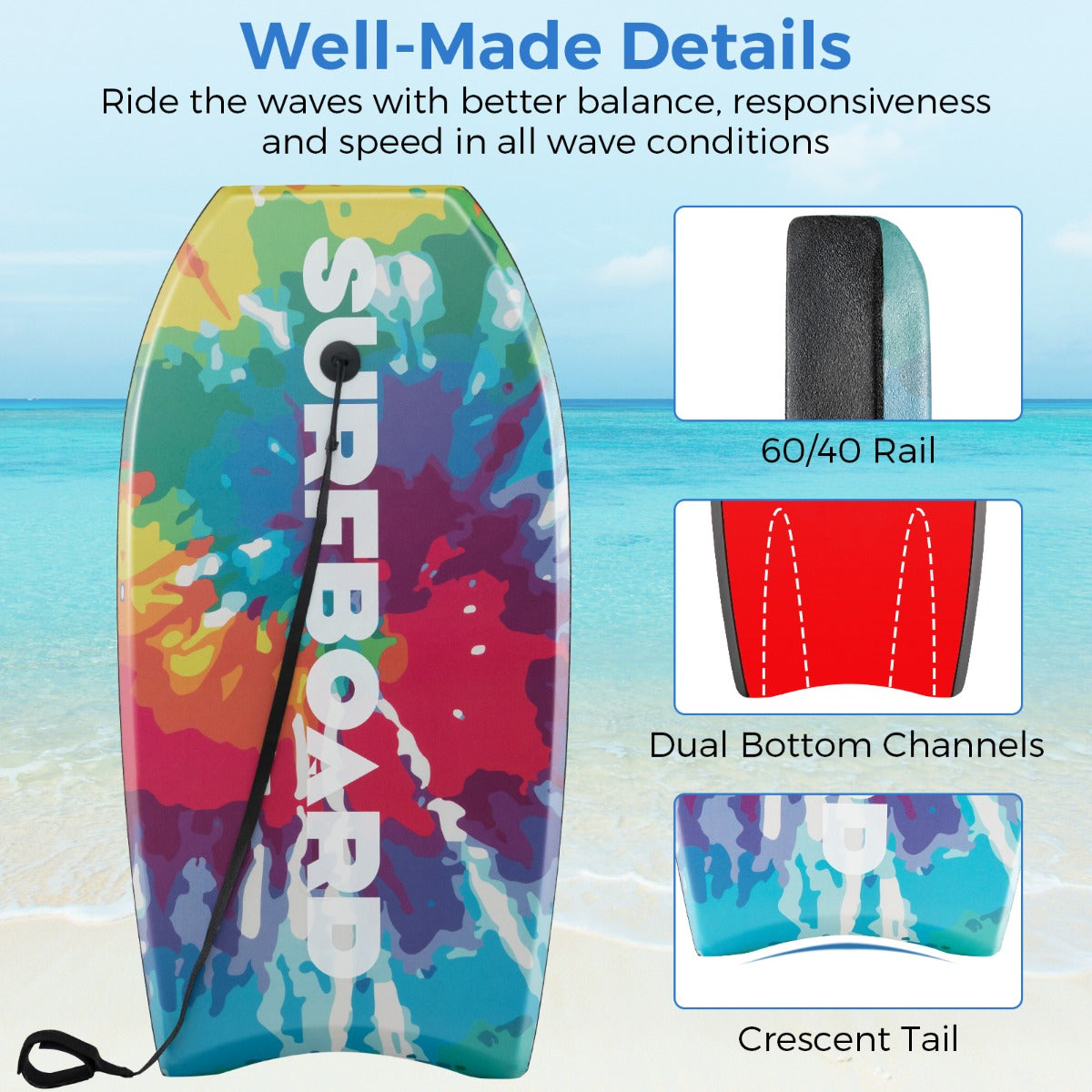 LIVSK Lichtgewicht Bodyboard - Halvemaanvormige Staart - XPE Dek - Inclusief Polsband - Voor Alle Leeftijden - Diverse Lengtes