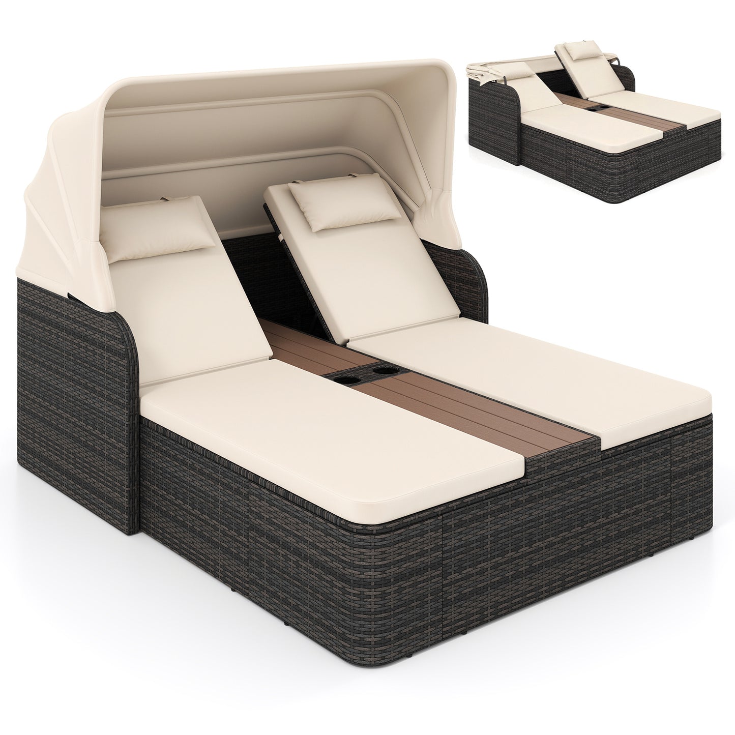 LIVSK Ligbed voor 2 Personen - 5 Verstelbare Rugleuningen - Uitschuifbaar Zonnescherm - Handgevlochten PE-Rattan - Bruin