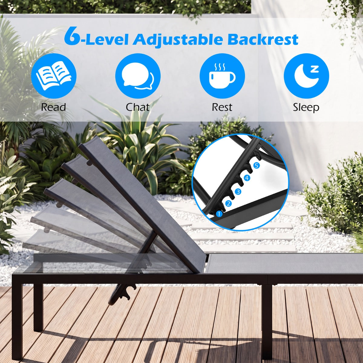 LIVSK Ligstoel - 6-positie Verstelbare Rugleuning - Zwaar Stalen Frame - Ademend Sneldrogend Materiaal - Grijs